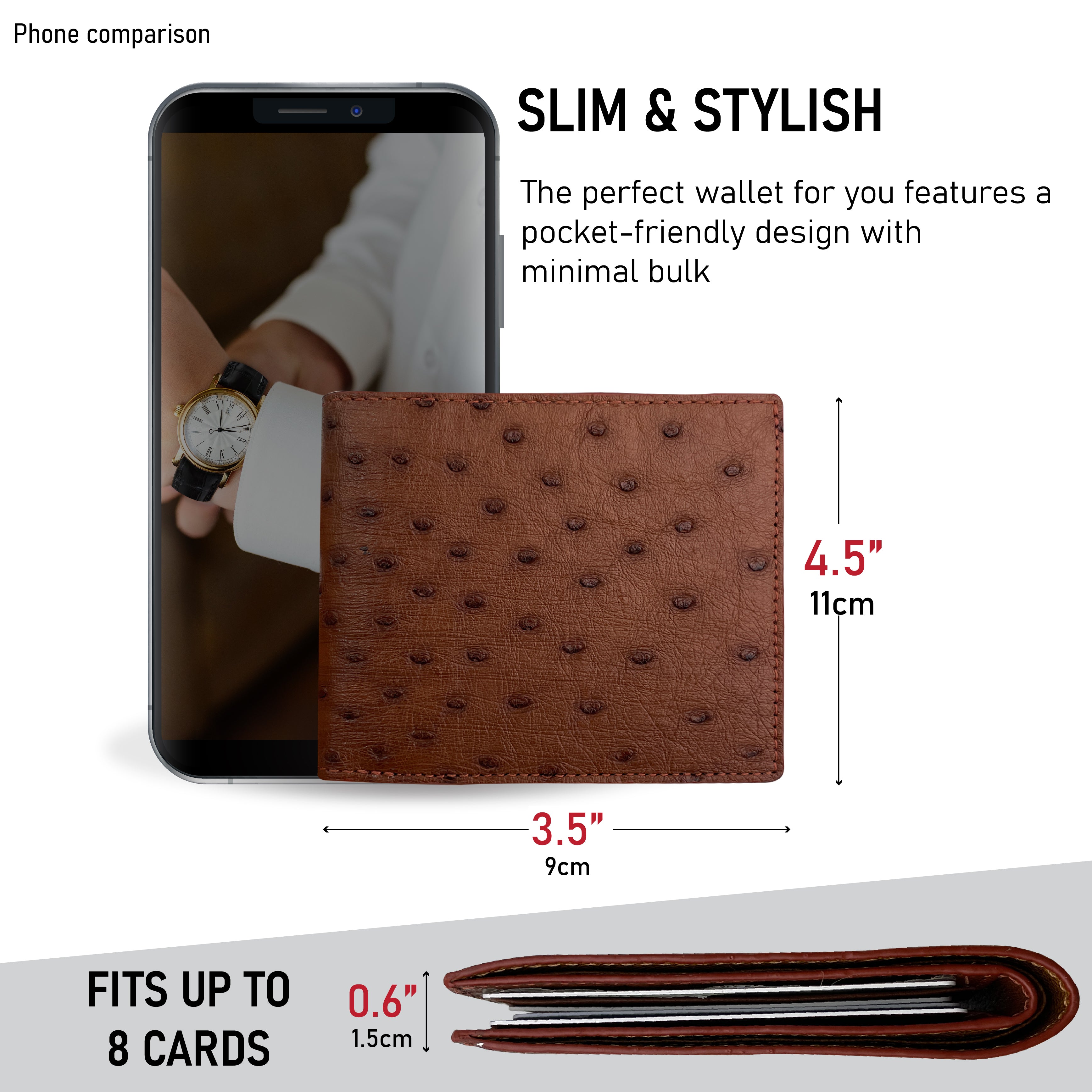 Brown Handmade Double Side Ostrich Leather Bifold Wallet for Men