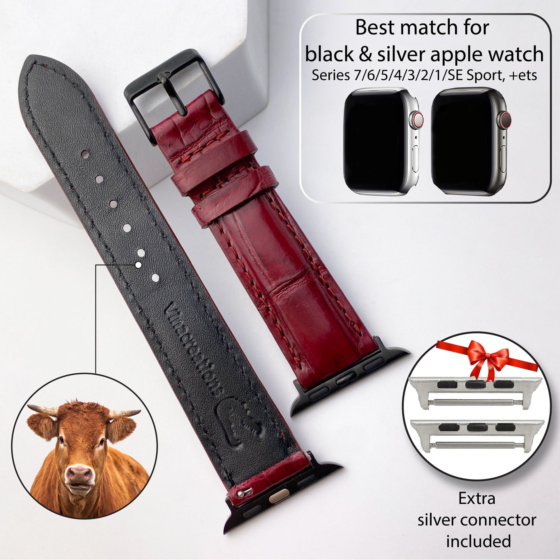 Burgundy Alligator Leather Watch Band Crocodile Strap Compatible with Apple Watch IWatch Series 7 6 5 4 3 2 1 SE | AW-70 - Vinacreations