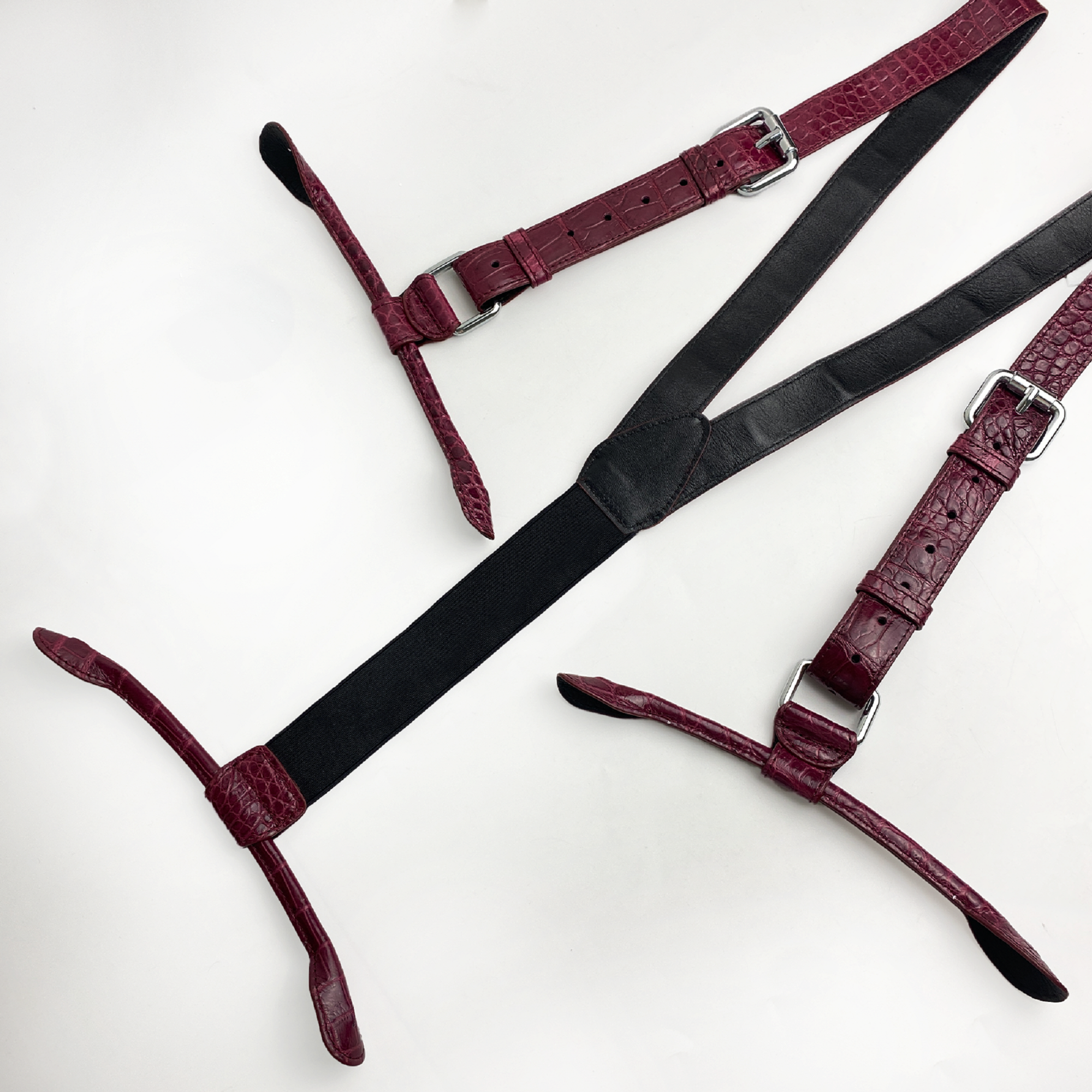 Alligator Y-Back Burgundy Leather Suspenders Men Button End - Groomsmen Suspenders - Wedding Groom Suspenders Adjustable
