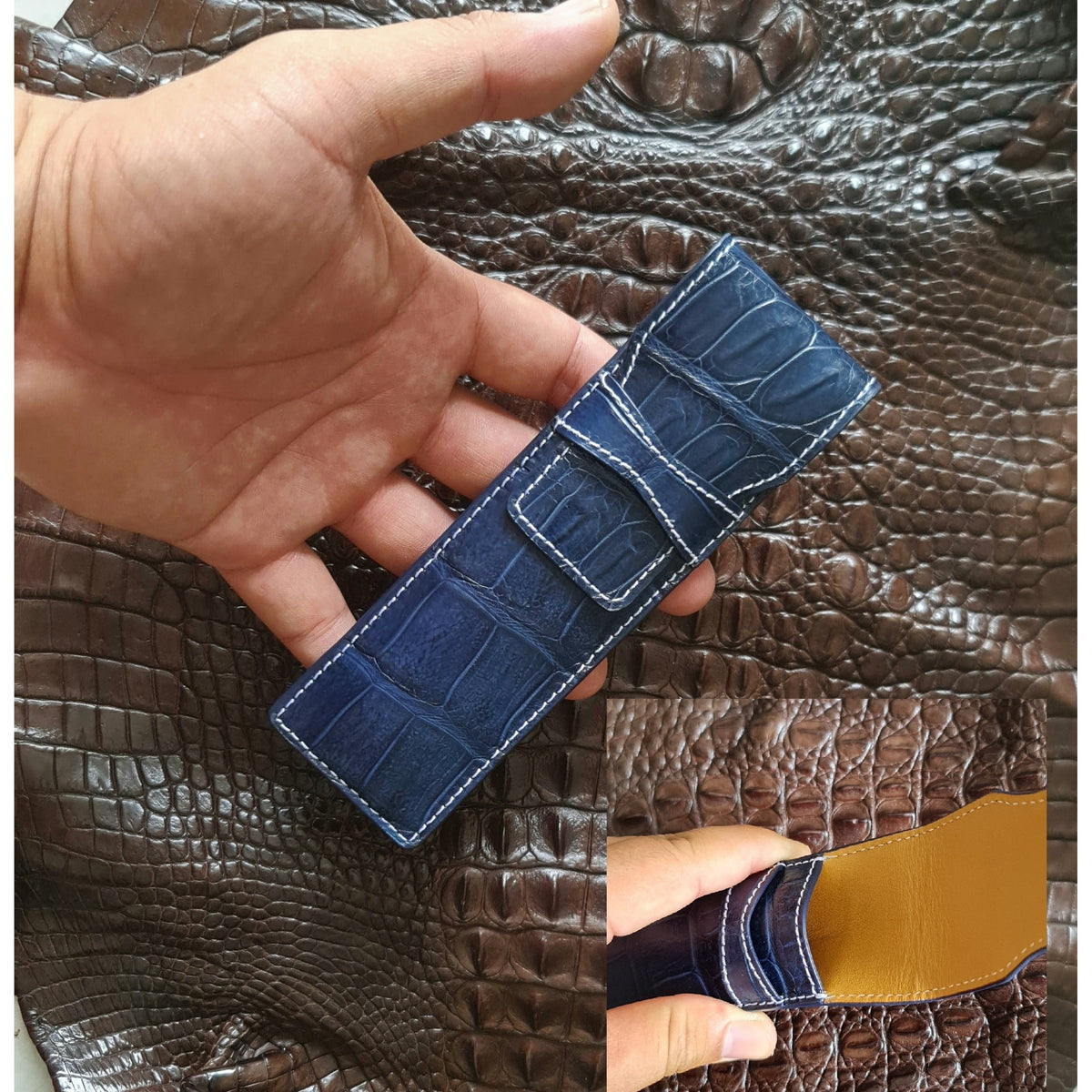 Crocodile Pen Case Alligator Leather Pen Sleeve Holder Pouch for Two Pen Fountain Handmade - Vinacreations