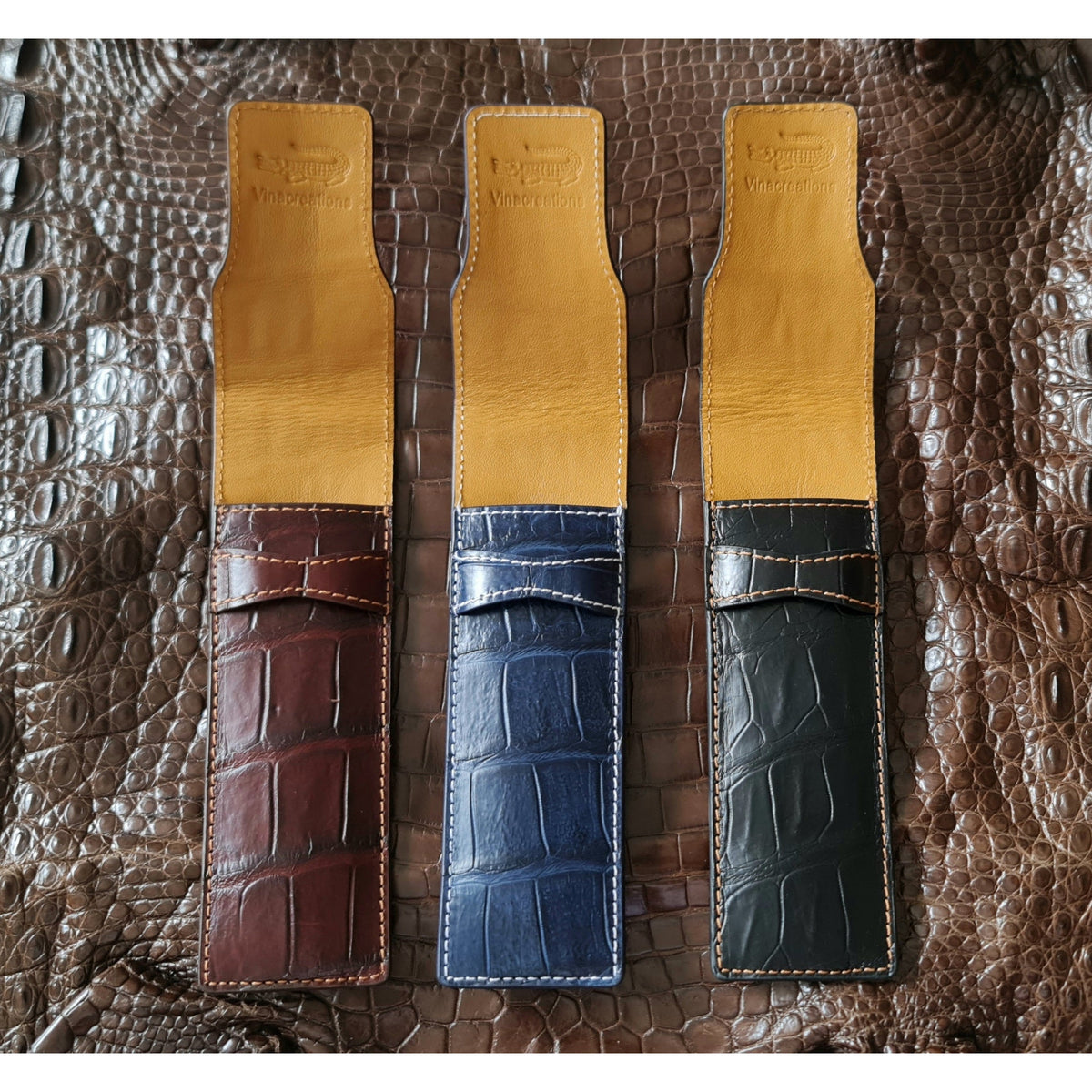 Crocodile Pen Case Alligator Leather Pen Sleeve Holder Pouch for Two Pen Fountain Handmade - Vinacreations