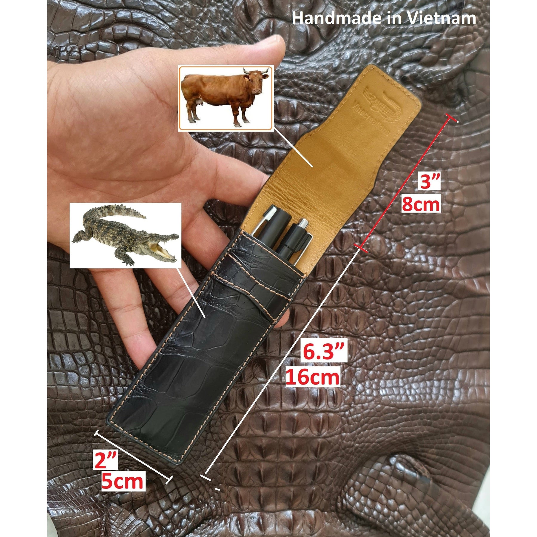 Crocodile Pen Case Alligator Leather Pen Sleeve Holder Pouch for Two Pen Fountain Handmade - Vinacreations