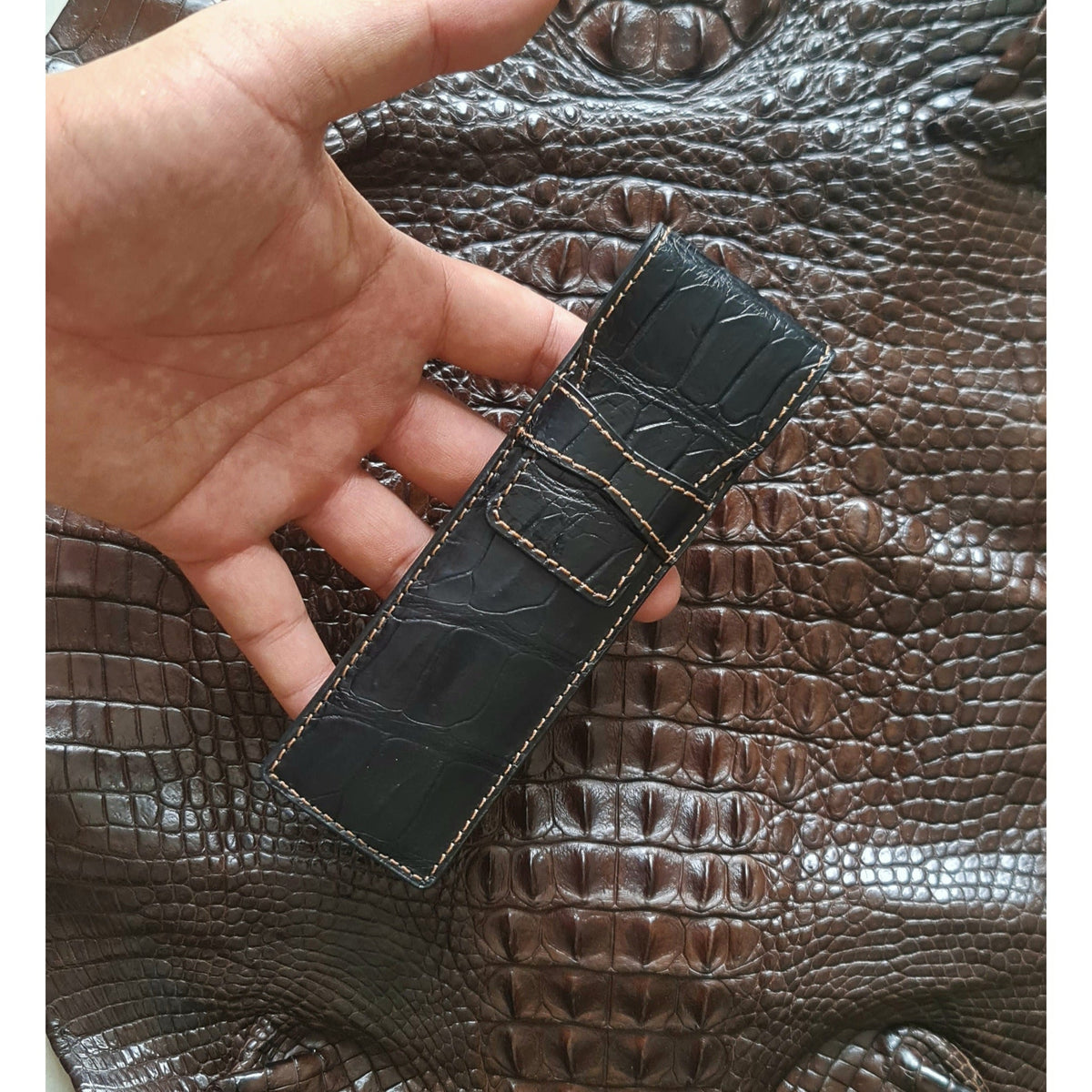 Crocodile Pen Case Alligator Leather Pen Sleeve Holder Pouch for Two Pen Fountain Handmade - Vinacreations