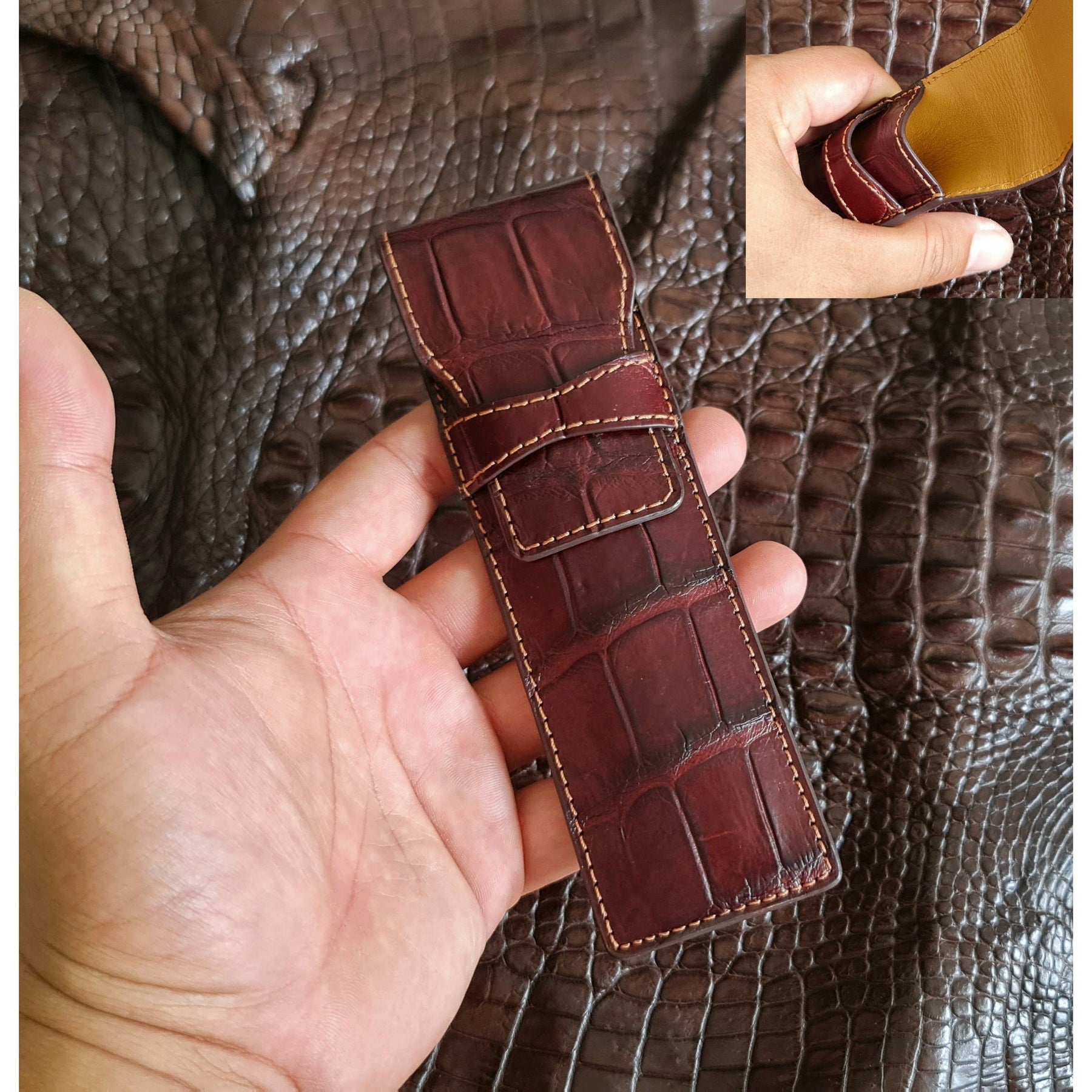 Crocodile Pen Case Alligator Leather Pen Sleeve Holder Pouch for Two Pen Fountain Handmade - Vinacreations