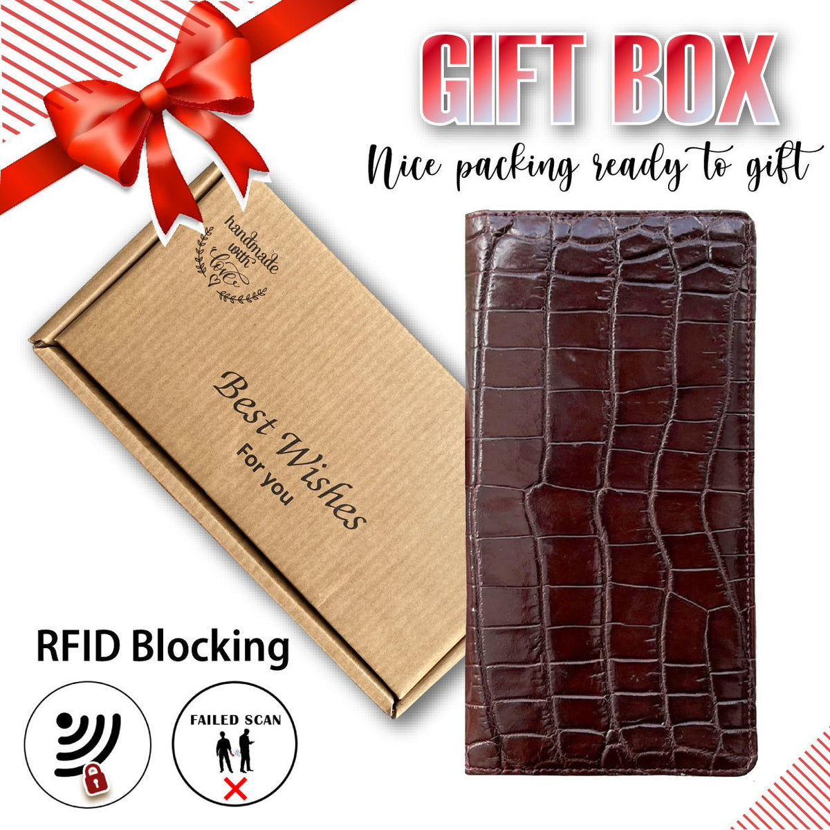 Dark Brown Alligator Leather Long Wallet For Men | Luxury Crocodile Purse with Smart Phone Pocket RFID Blocking | LON36 - Vinacreations