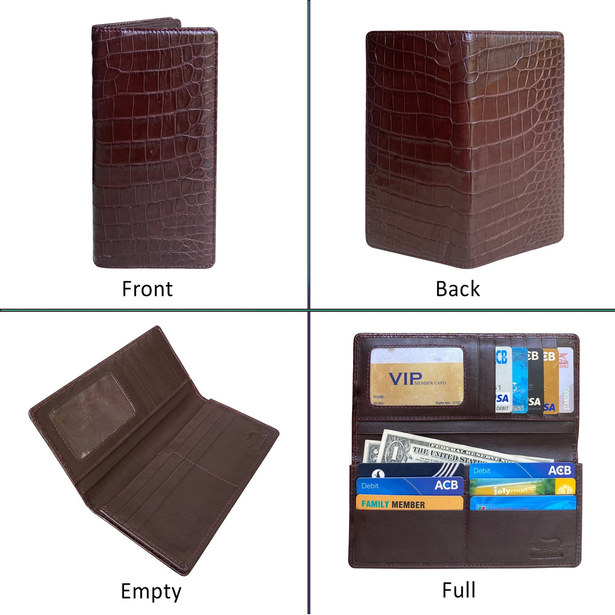 Dark Brown Alligator Long Wallet For Men | Handmade Crocodile Leather Secretary Business Tall Bifold Wallet RFID Blocking | LON33 - Vinacreations