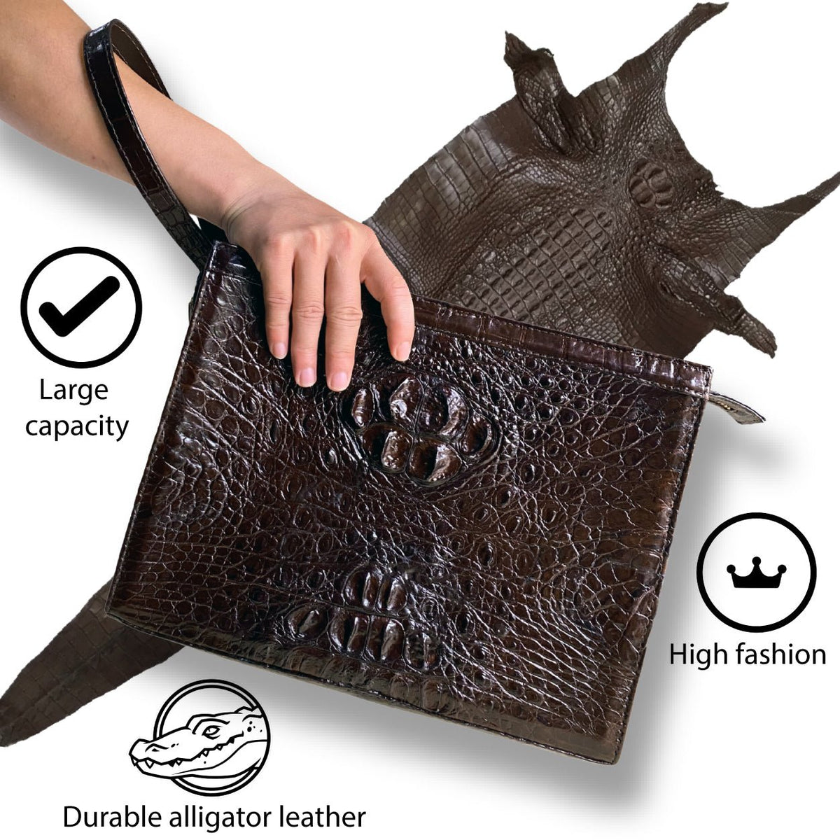 Dark Brown Alligator Mens Big Wristlet Clutch Purse Business Bag Premium Crocodile Handbag RFID Blocking CLUT03 - Vinacreations