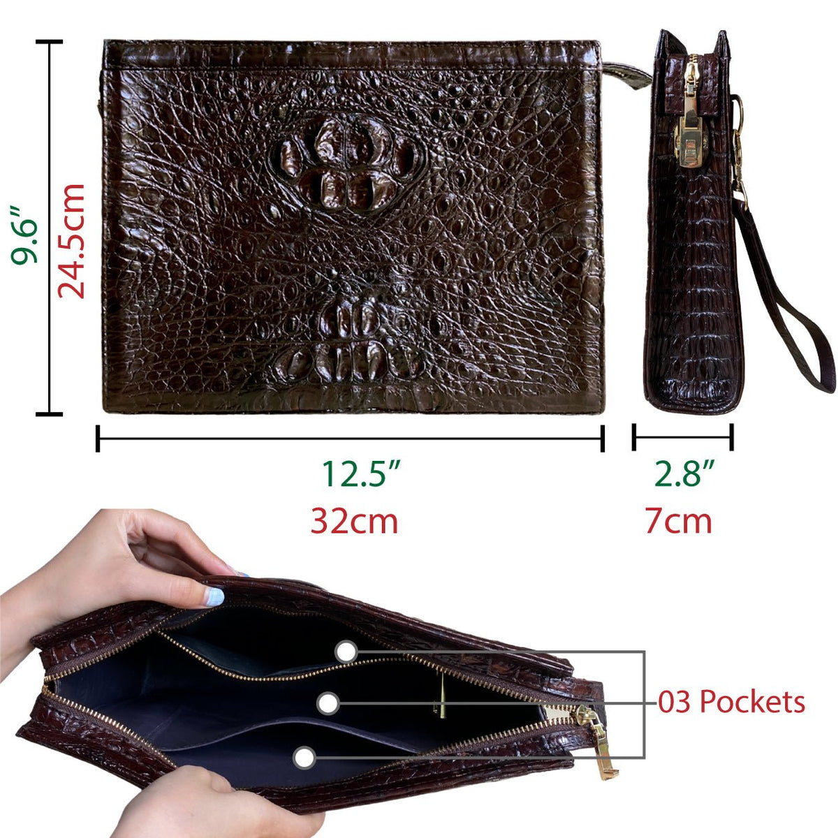 Dark Brown Alligator Mens Big Wristlet Clutch Purse Business Bag Premium Crocodile Handbag RFID Blocking CLUT03 - Vinacreations
