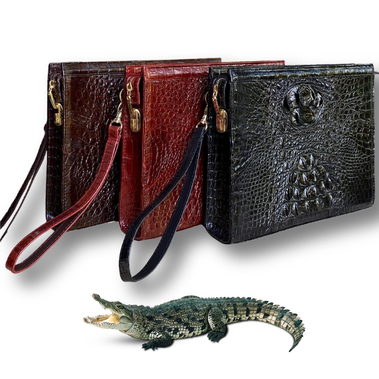 Dark Brown Alligator Mens Big Wristlet Clutch Purse Business Bag Premium Crocodile Handbag RFID Blocking CLUT03 - Vinacreations