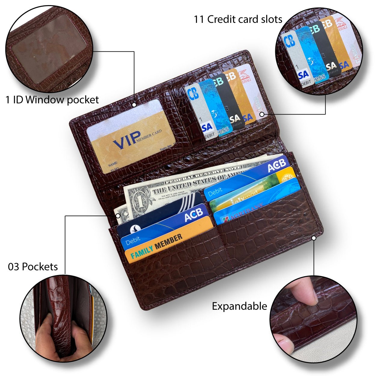 Dark Brown Double Side Alligator Long Wallet For Men | Premium Crocodile Leather Checkbook RFID Blocking | LON33-CS - Vinacreations