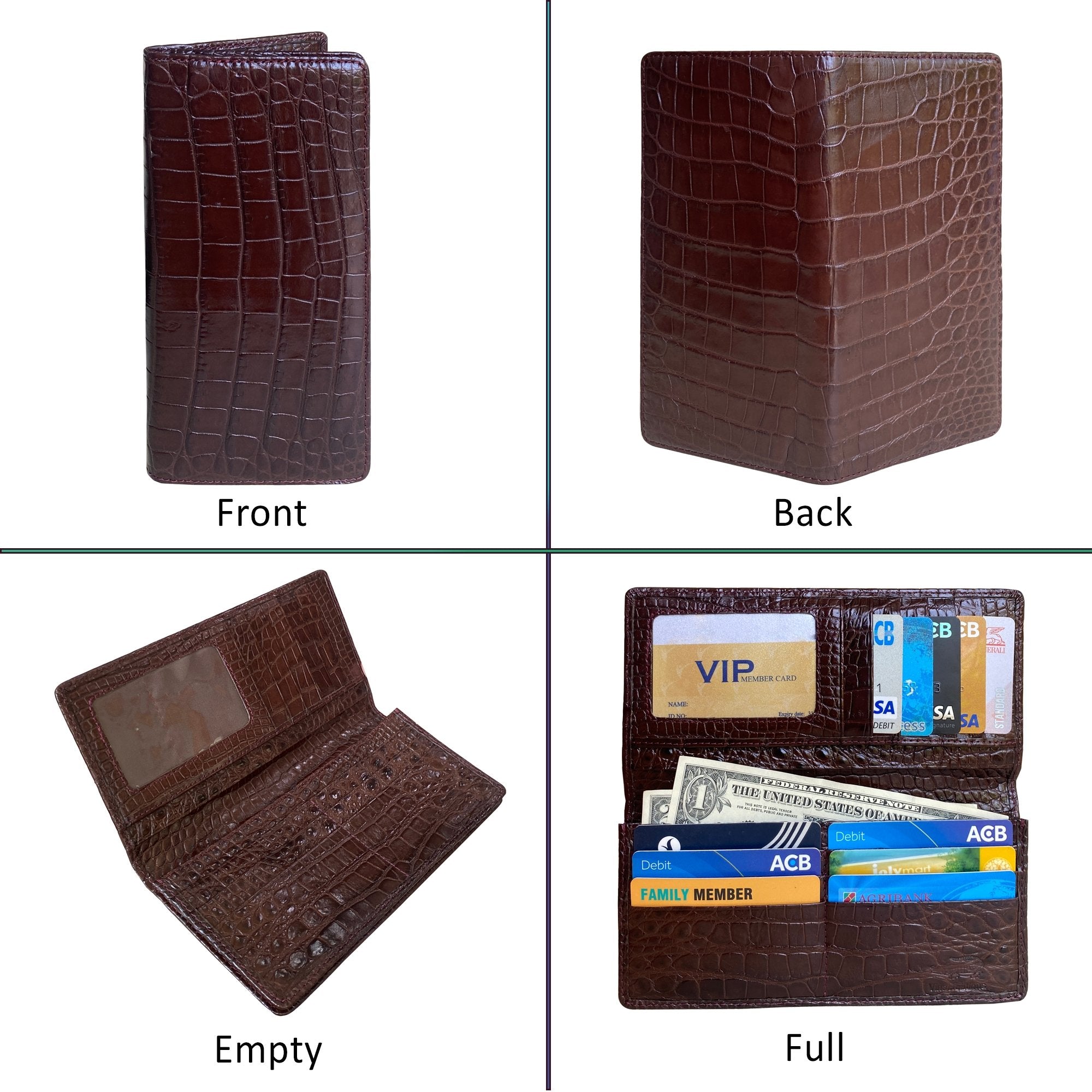 Dark Brown Double Side Alligator Long Wallet For Men | Premium Crocodile Leather Checkbook RFID Blocking | LON33-CS - Vinacreations