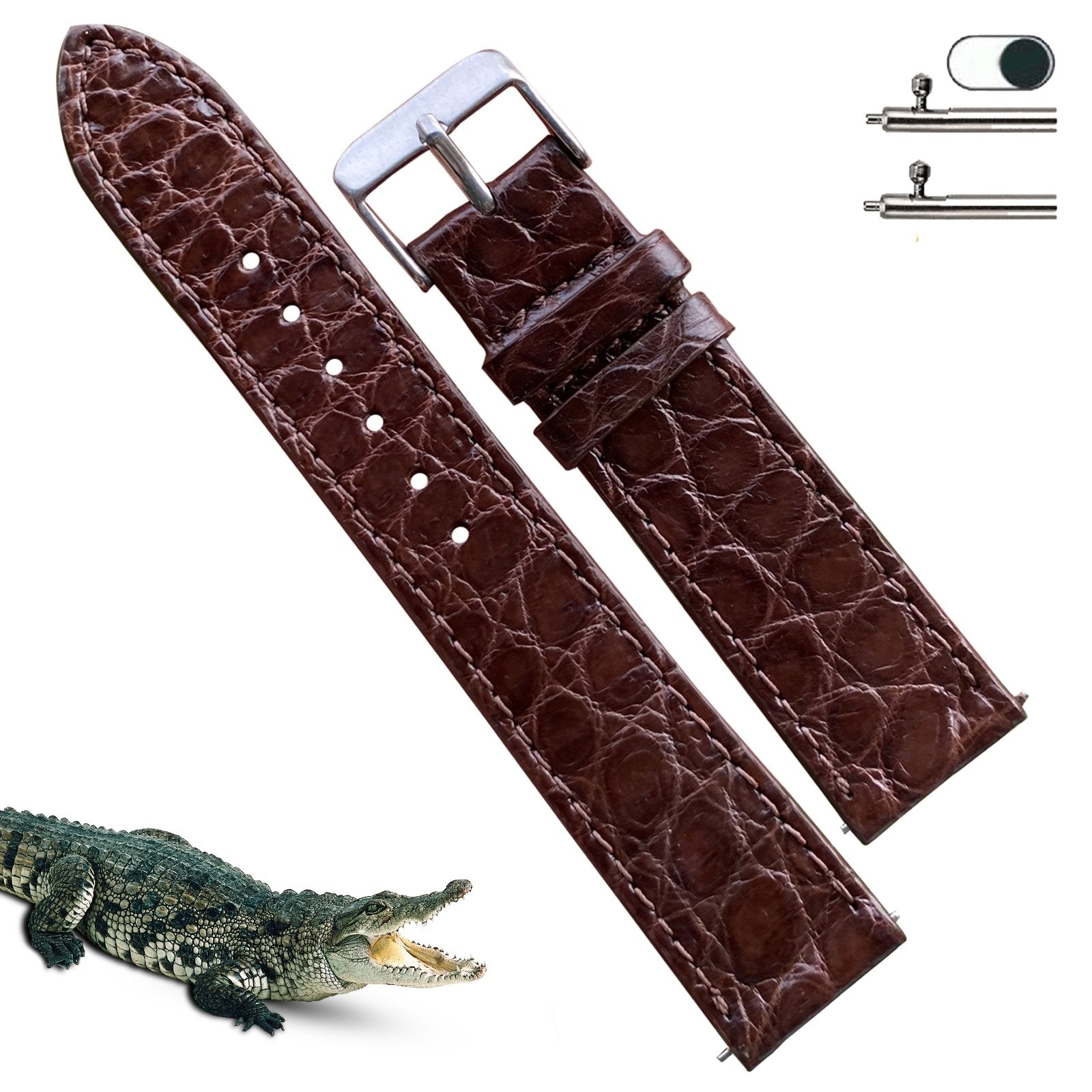 Dark Brown Flat Alligator Leather Watch Strap Men | No-Padding Smooth Gator Wristwatch Strap | DH-23 - Vinacreations