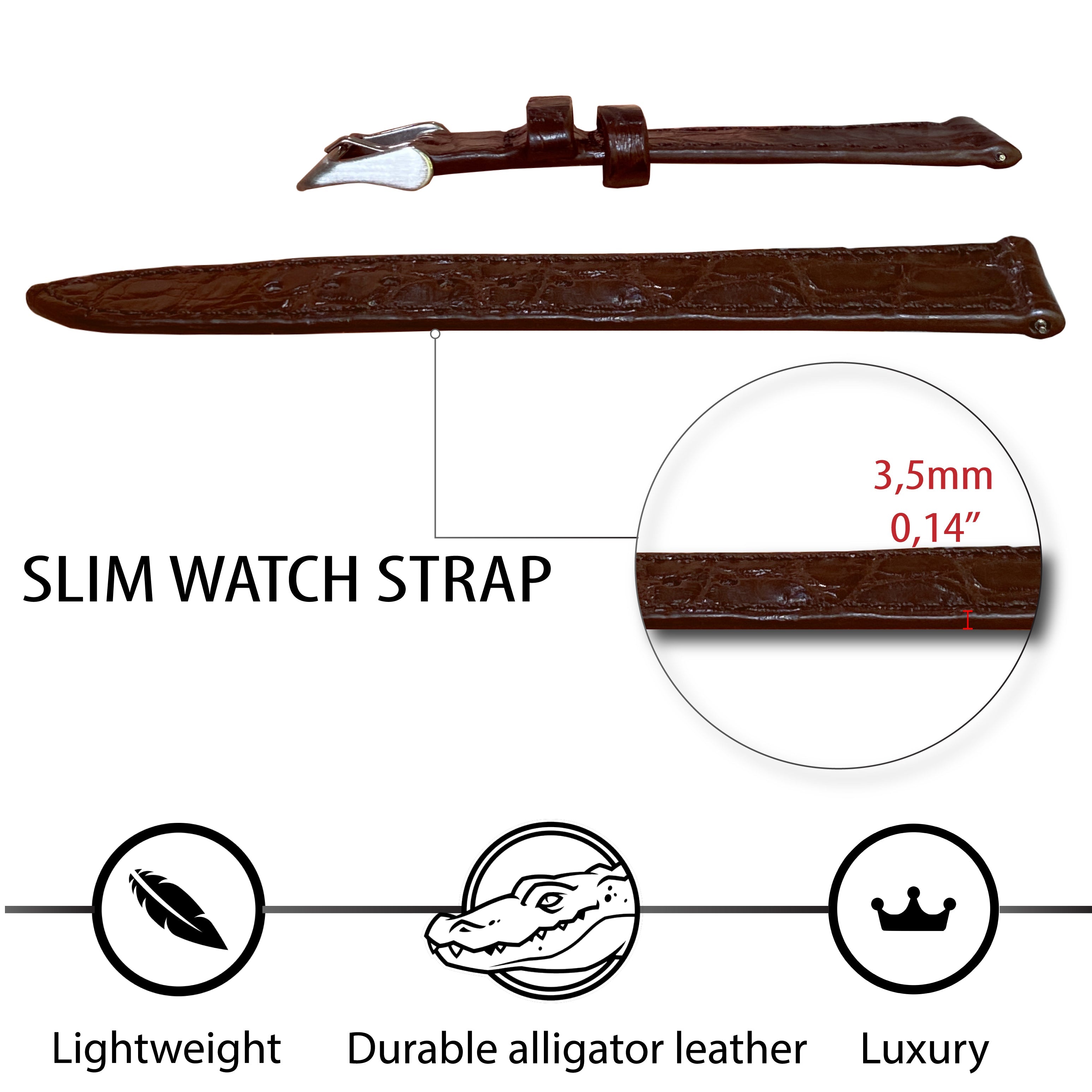 Dark Brown Flat Alligator Leather Watch Strap Men | No-Padding Smooth Gator Wristwatch Strap | DH-23 - Vinacreations