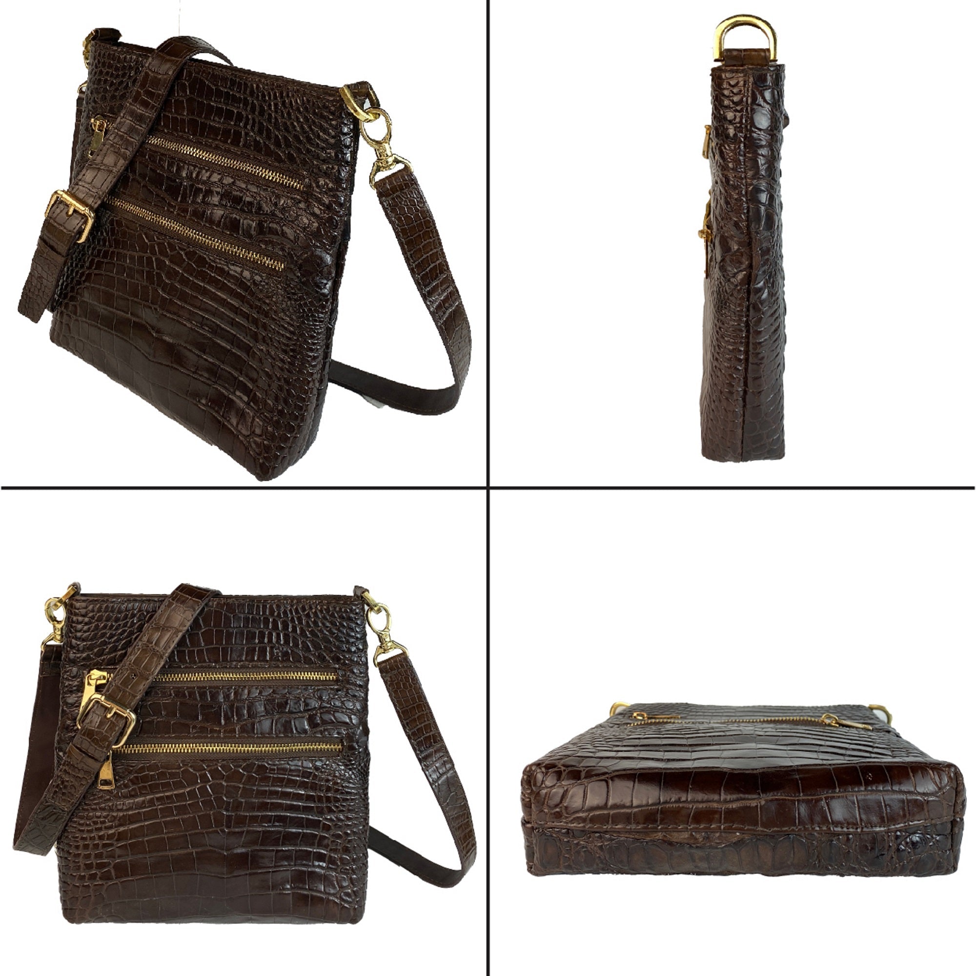 Dark Brown Men Small Messenger Bag Alligator Leather Crossbody Shoulder Bag Crocodile Belly Skin Casual Daypack Work Business Outdoor Cycling Hiking Travel - Vinacreations