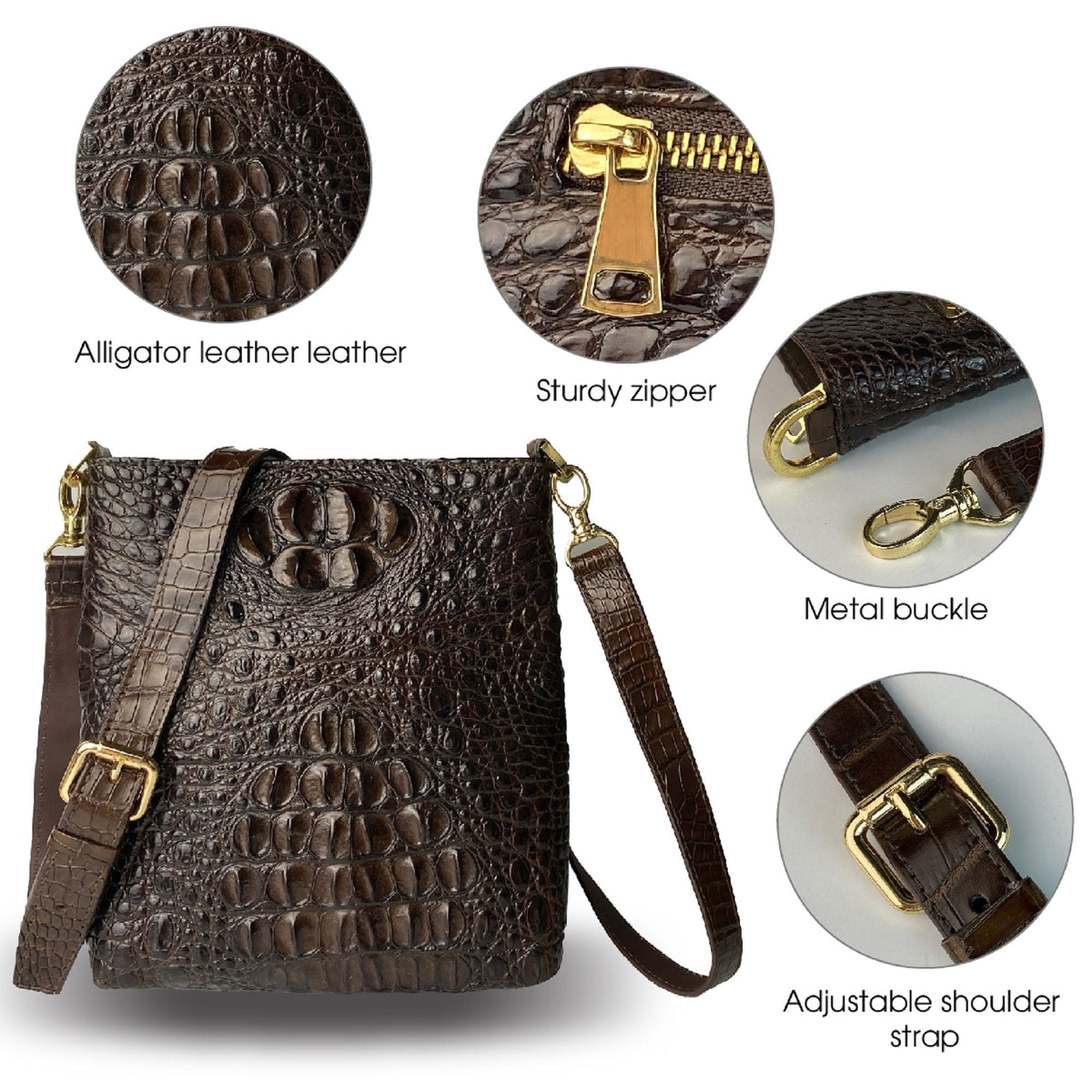 Dark Brown Men Small Messenger Bag Alligator Leather Crossbody Shoulder Bag Crocodile Belly Skin Casual Daypack Work Business Outdoor Cycling Hiking Travel - Vinacreations