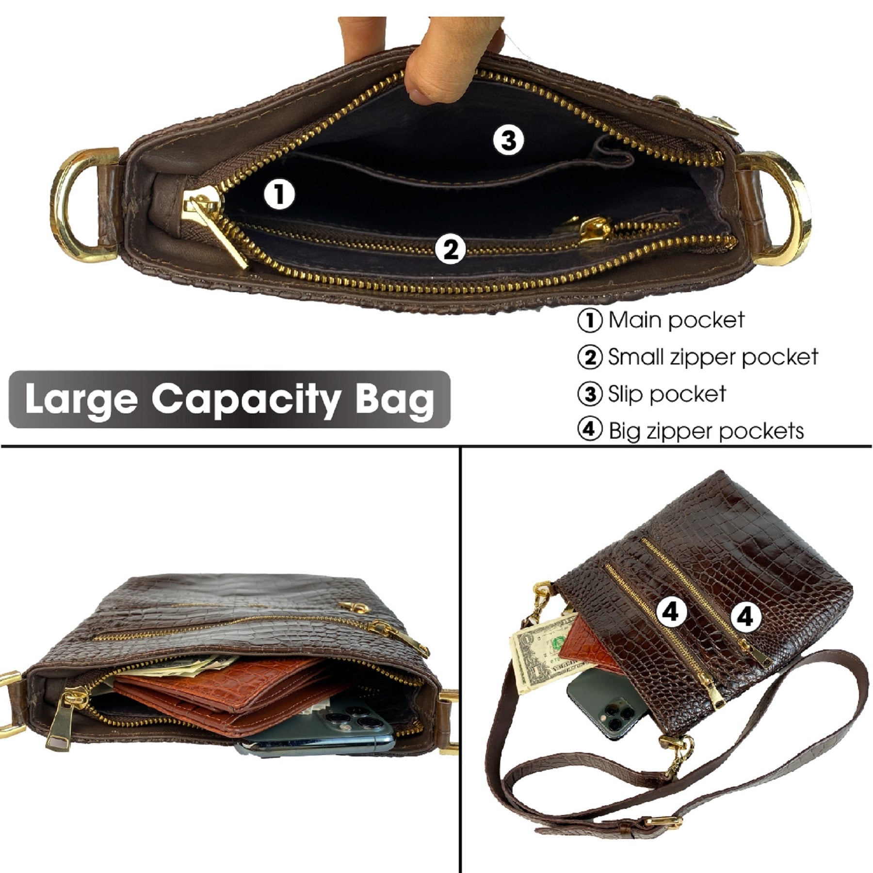 Dark Brown Men Small Messenger Bag Alligator Leather Crossbody Shoulder Bag Crocodile Belly Skin Casual Daypack Work Business Outdoor Cycling Hiking Travel - Vinacreations