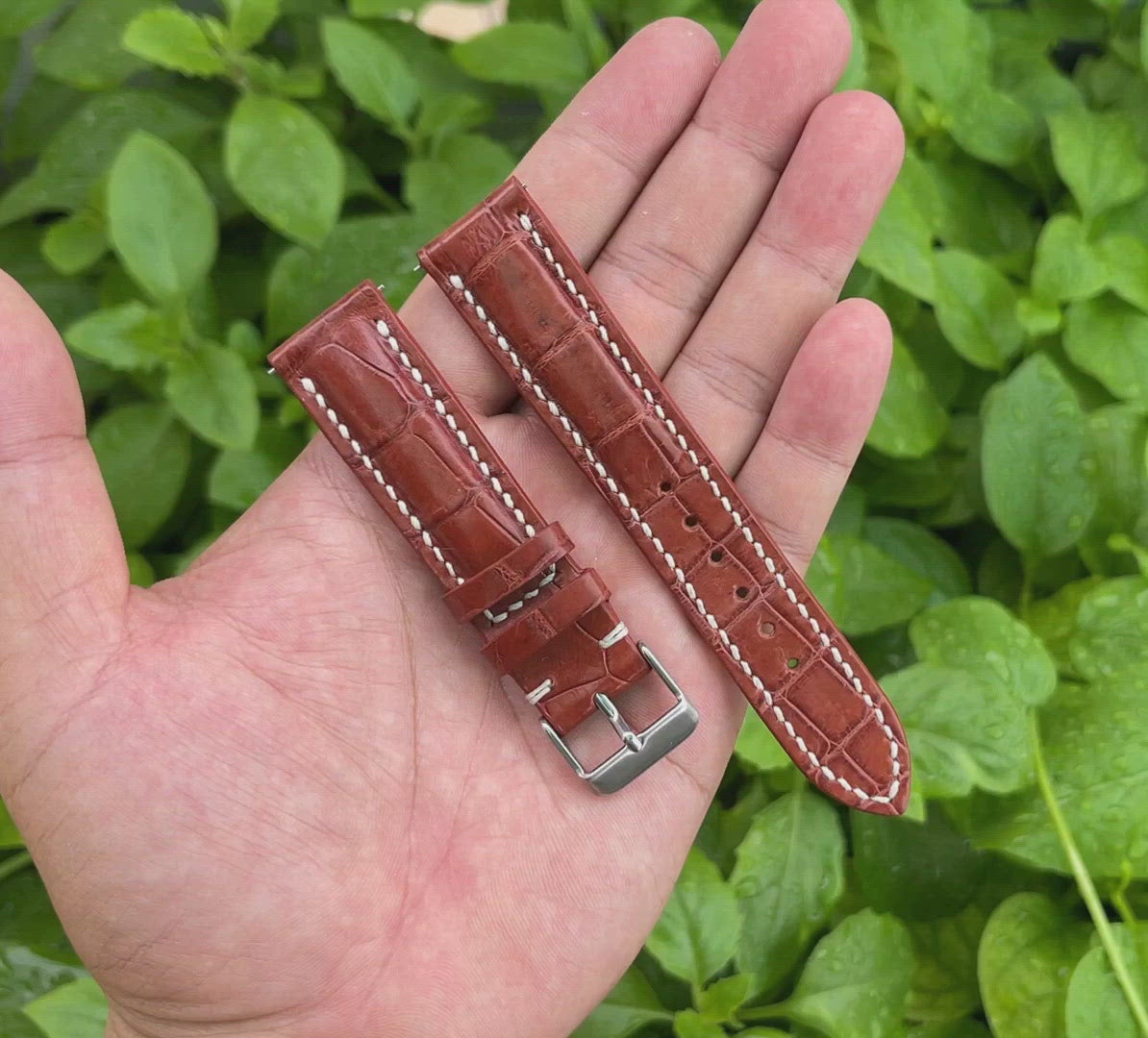 White Hand Stitching Light Brown Alligator Leather Watch Band For Men | Premium Crocodile Replacement Wristwatch Strap | DH-157