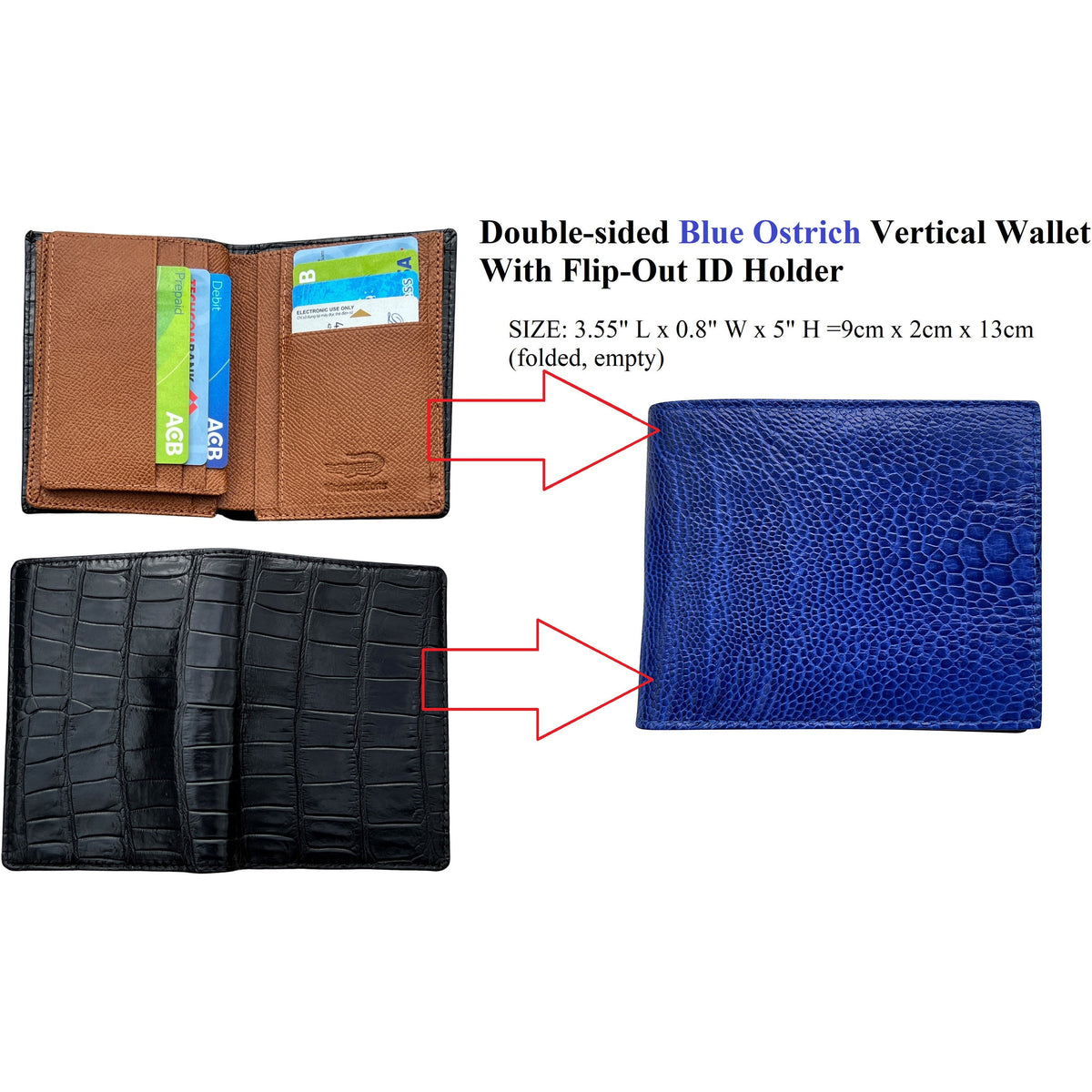 Double Side Blue Ostrich Vertical Wallet With Flip Out ID Holder - Vinacreations
