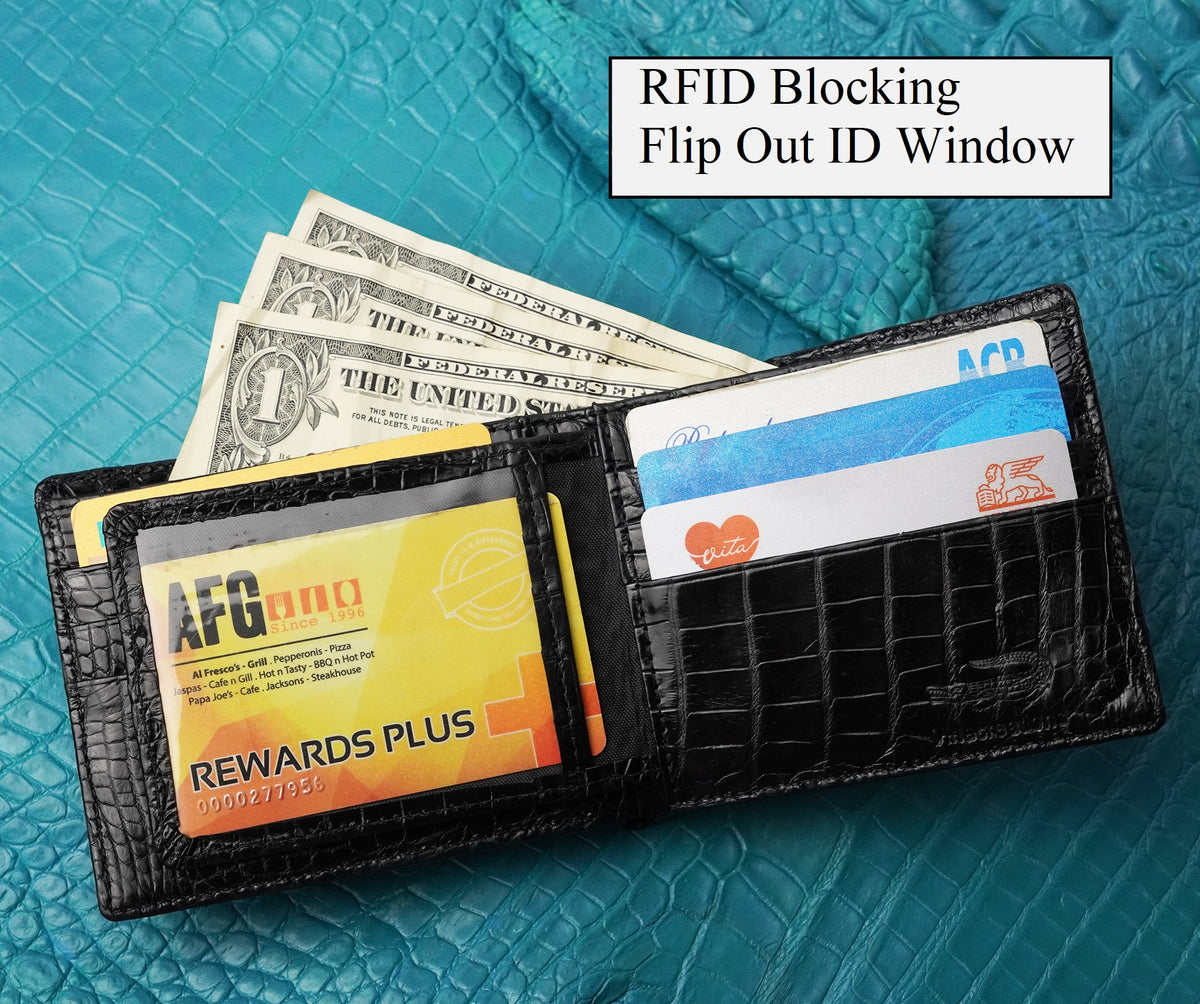 Double Side Alligator Black Hornback Leather Bifold Wallet For Men RFID Blocking | VINAM-98