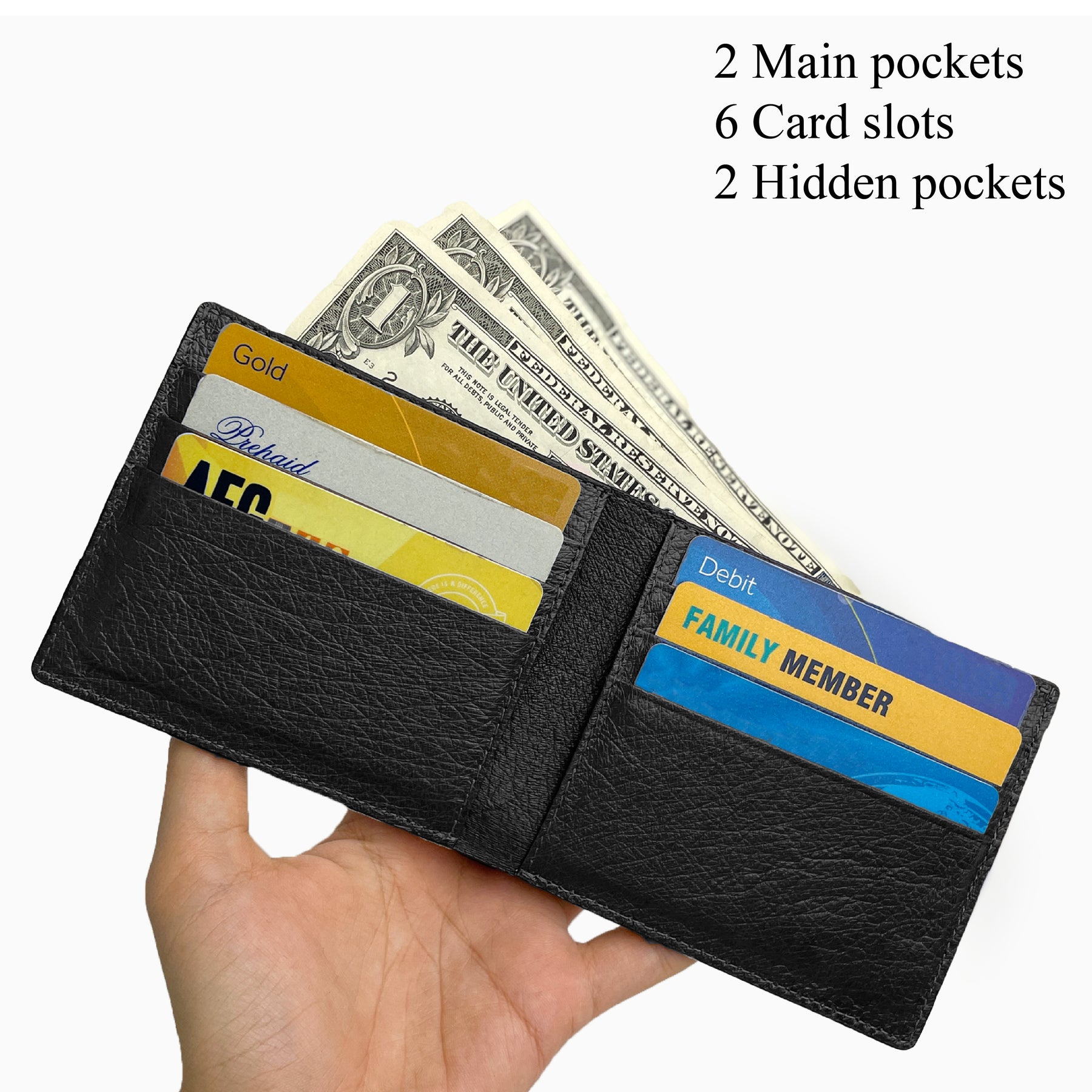 Black Handmade Double Side Ostrich Leather Bifold Wallet for Men