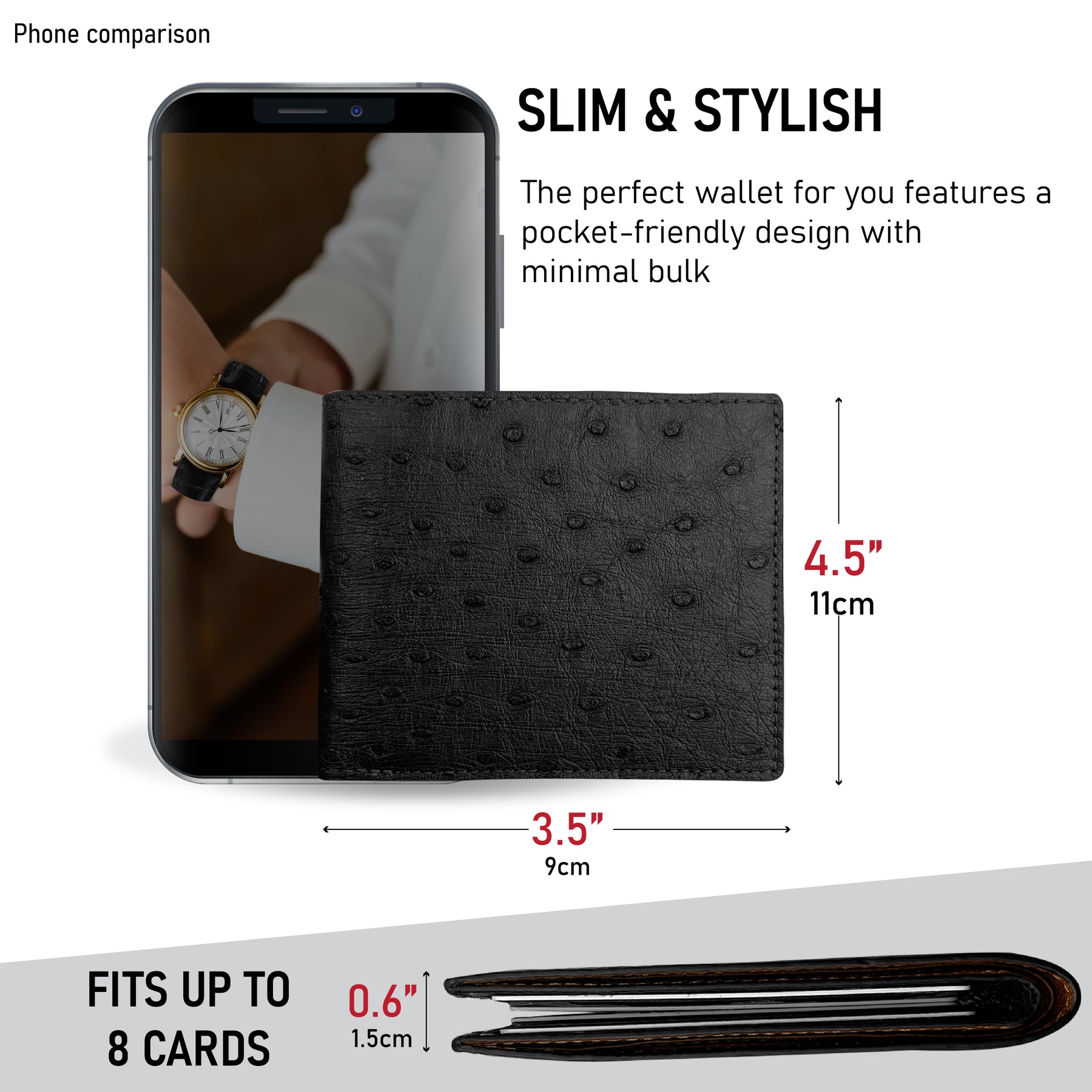 Black Handmade Double Side Ostrich Leather Bifold Wallet for Men