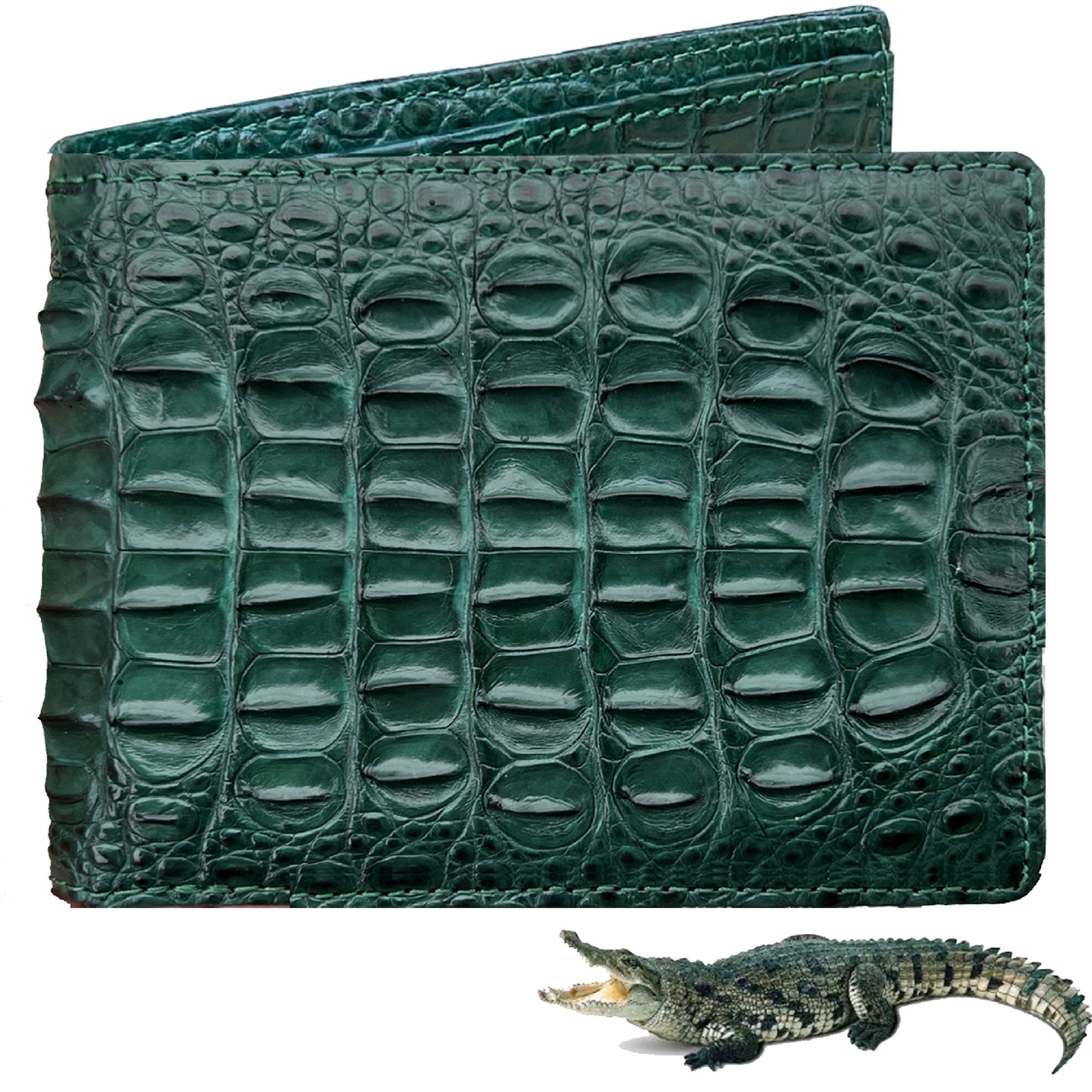 Green Double Side Alligator Hornback Leather Bifold Wallet For Men | Handmade Crocodile Wallet RFID Blocking | VINAM-110 - Vinacreations