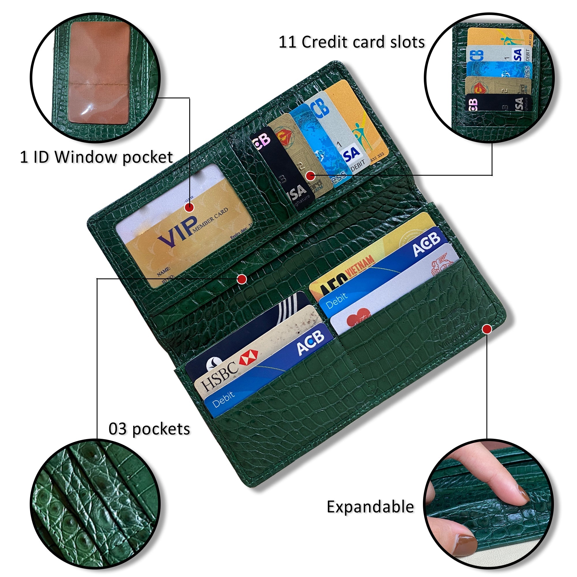 Green Double Side Alligator Long Wallet For Men | Premium Crocodile Leather Checkbook RFID Blocking | LON88-CS - Vinacreations