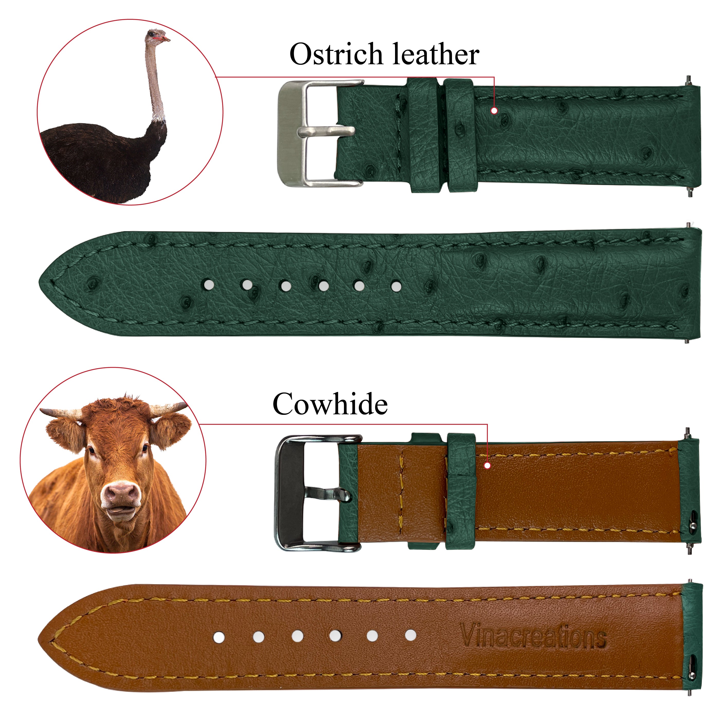 Green Ostrich Leather Watch Strap Quick Release Replacement Wrist Watch Band - Vinacreations