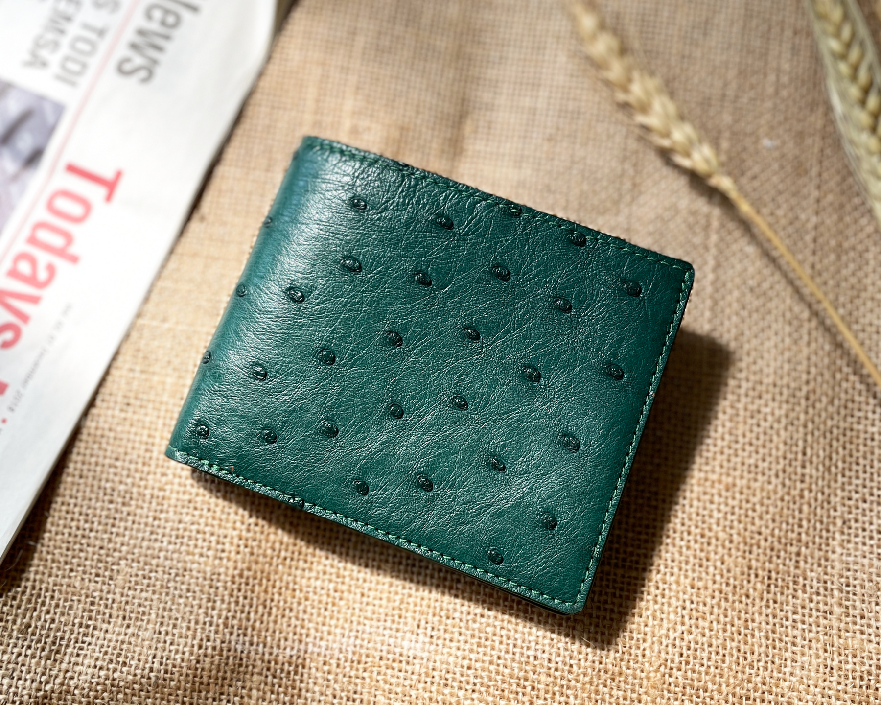 Green Handmade Double Side Ostrich Leather Bifold Wallet for Men