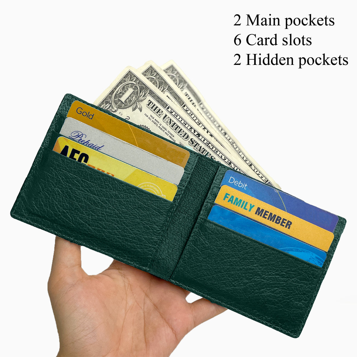 Green Handmade Double Side Ostrich Leather Bifold Wallet for Men