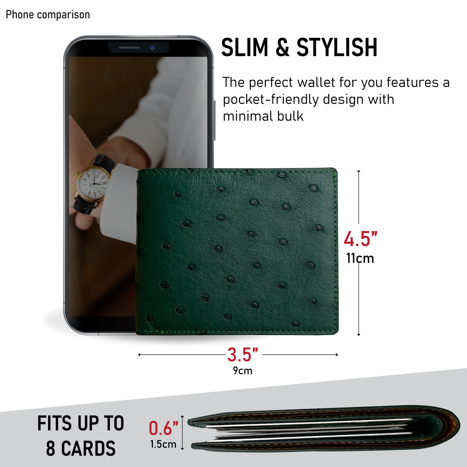 Green Handmade Double Side Ostrich Leather Bifold Wallet for Men