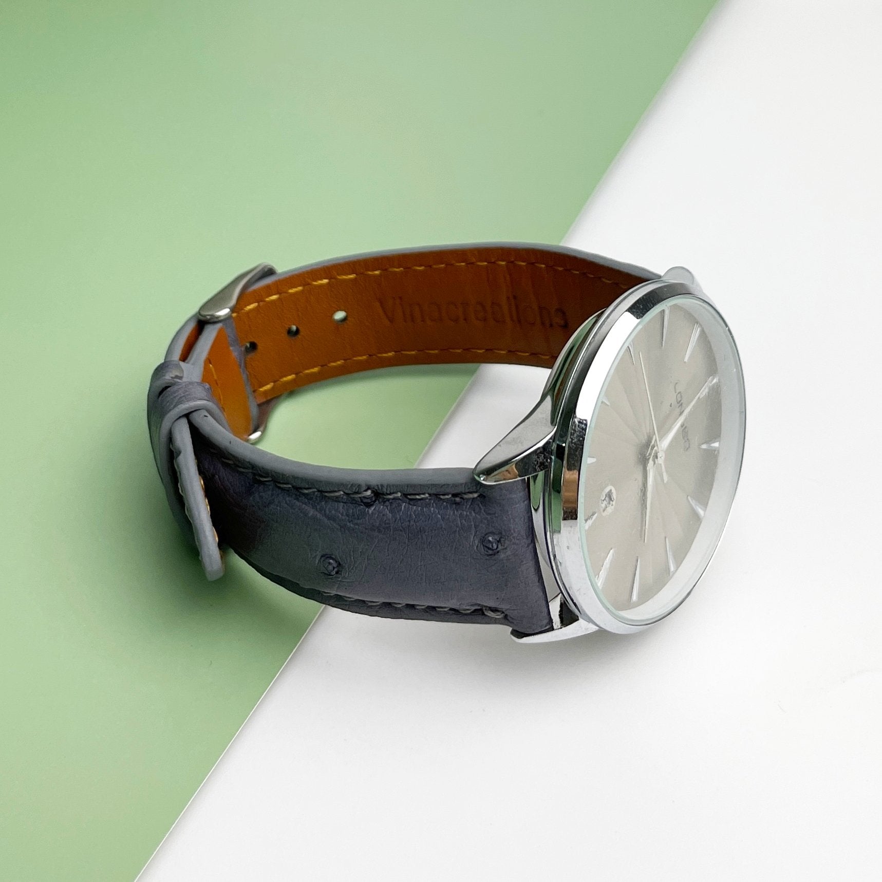 Grey Ostrich Leather Watch Strap Quick Release Replacement Wrist Watch Band - Vinacreations