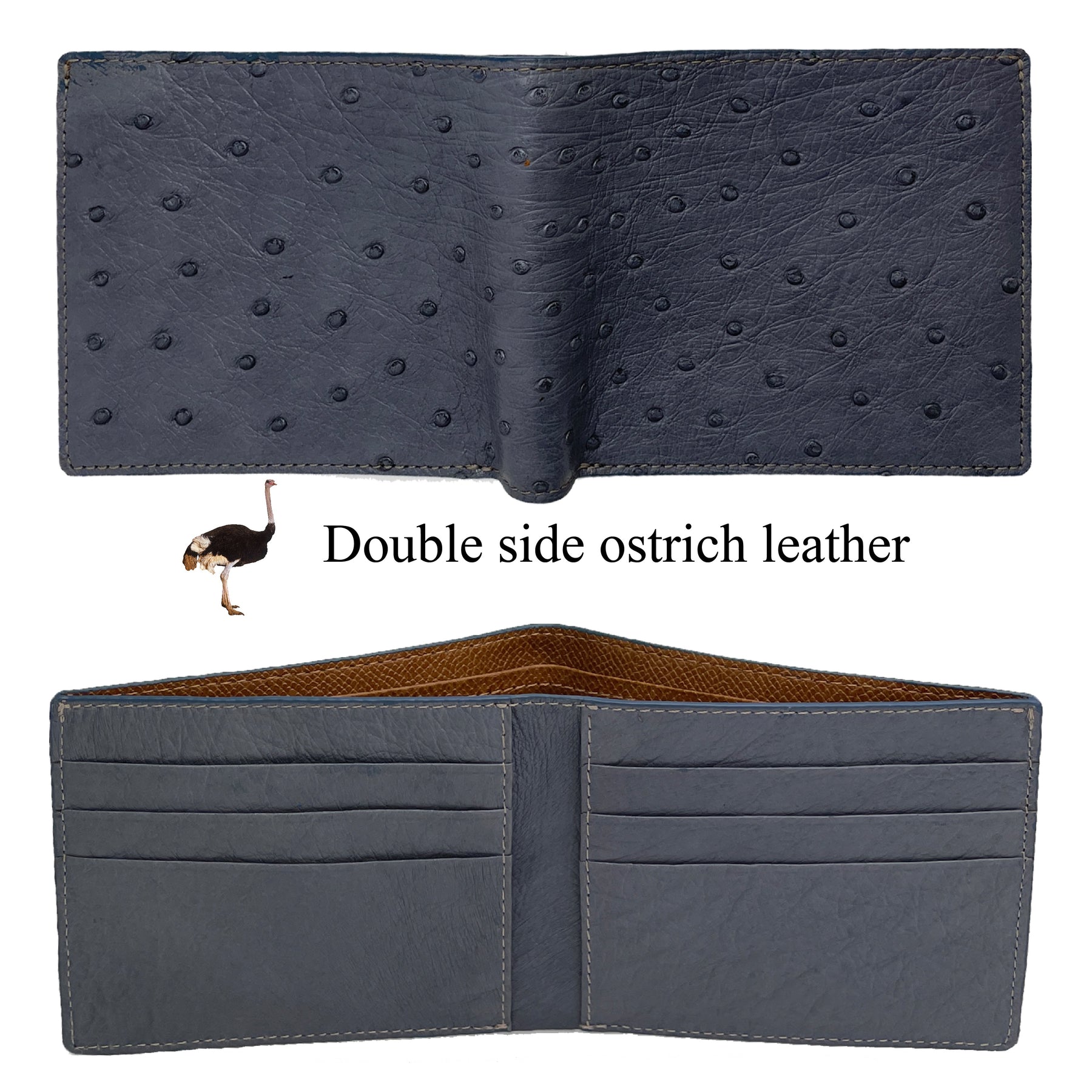 Grey Handmade Double Side Ostrich Leather Bifold Wallet for Men