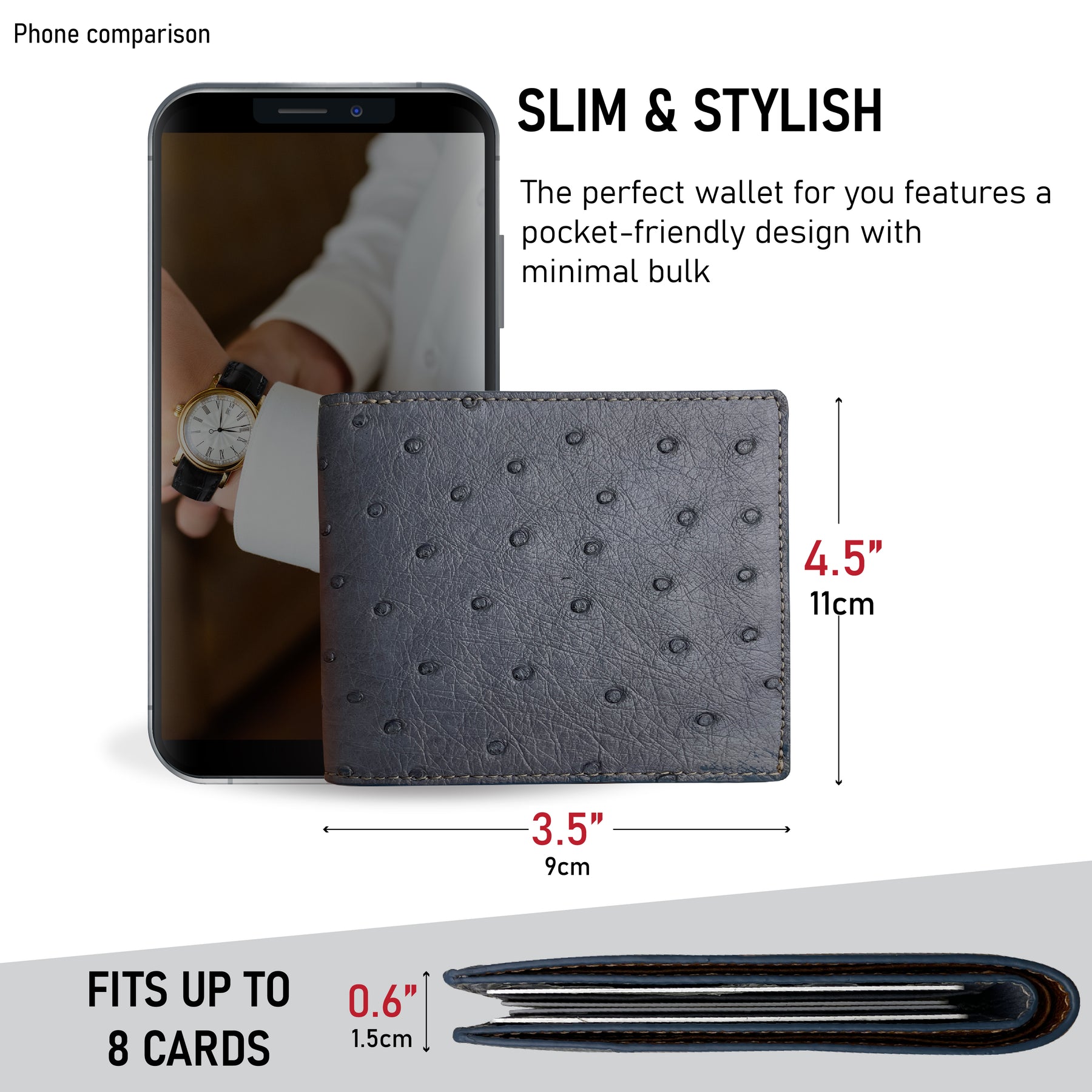 Grey Handmade Double Side Ostrich Leather Bifold Wallet for Men