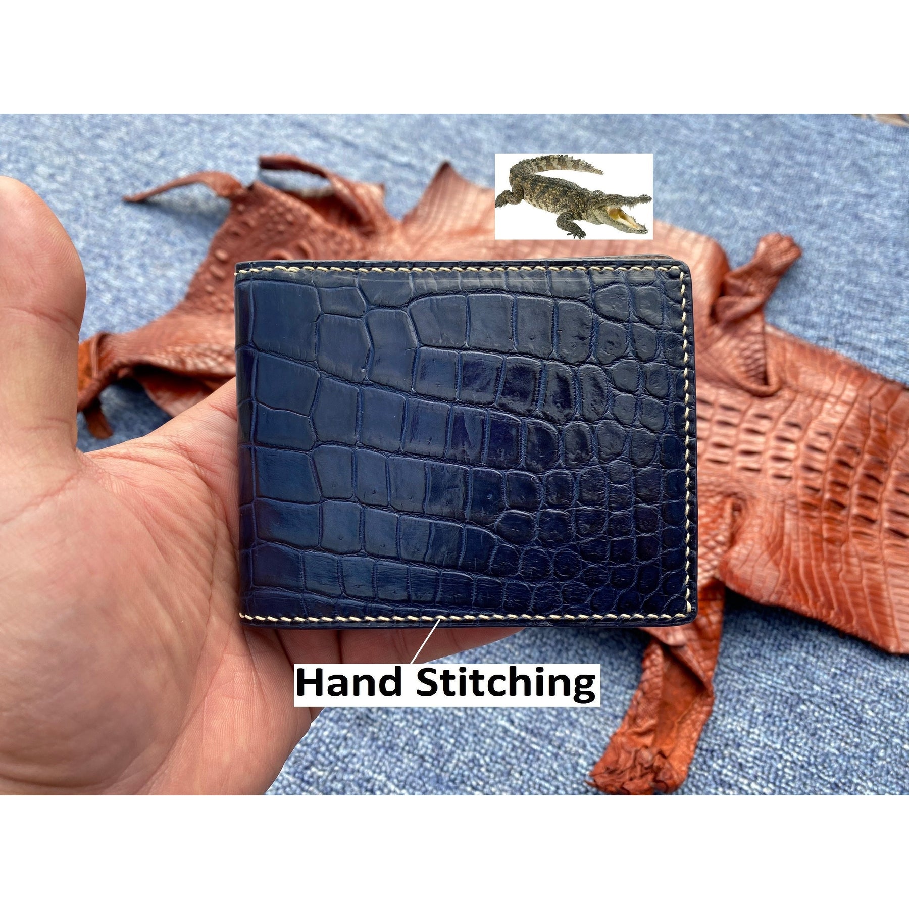Hand-stitched Navy Blue Alligator Leather Double Side Wallet For Men |RFID Blocking | Coin Pocket | VINAM-92 - Vinacreations