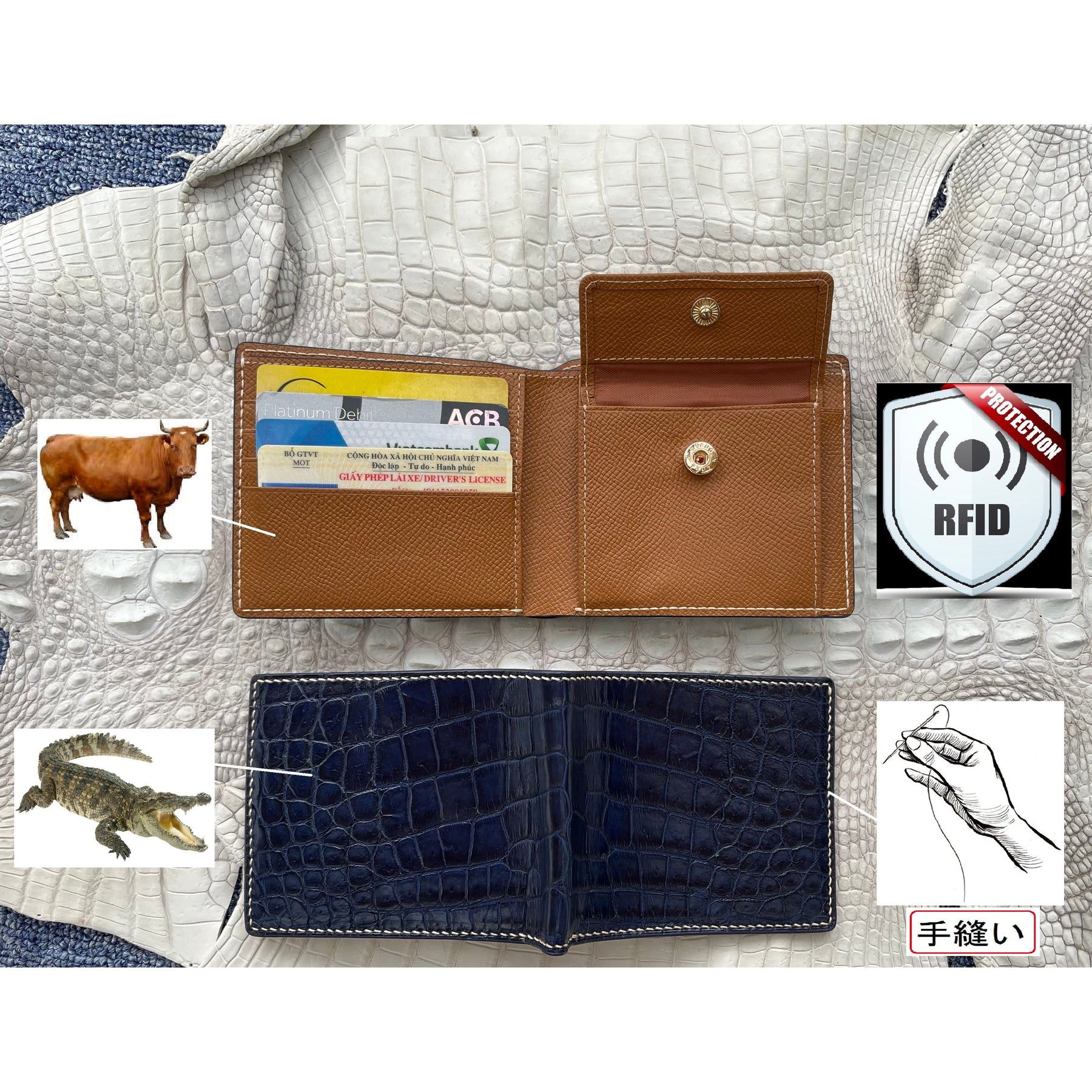 Hand-stitched Navy Blue Alligator Leather Double Side Wallet For Men |RFID Blocking | Coin Pocket | VINAM-92 - Vinacreations