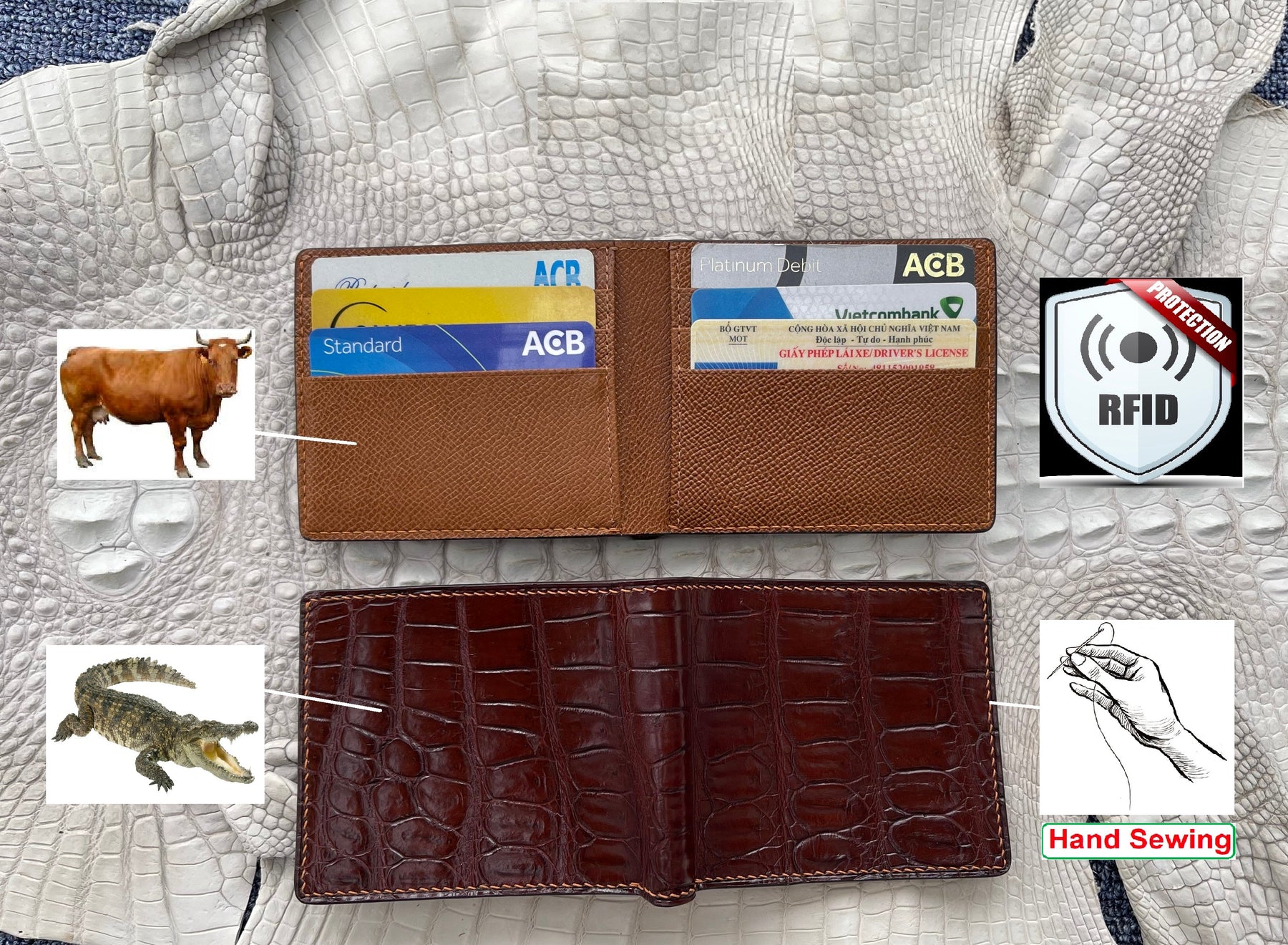 Hand Stitching Alligator Leather Bifold Wallet - Vinacreations