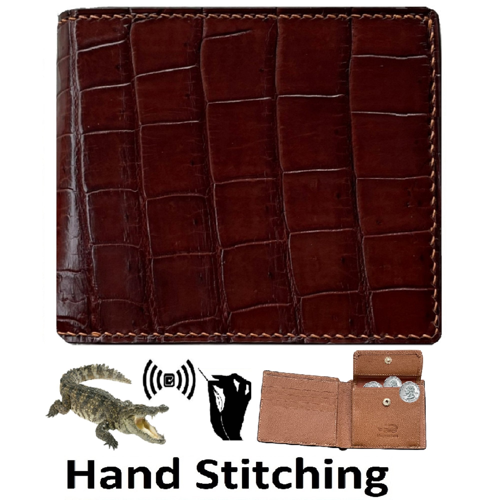Hand Stitching Brown Alligator Bifold Wallet with Coin Pocket | Slim Leather Wallet RFID Blocking | VINAM-93 - Vinacreations