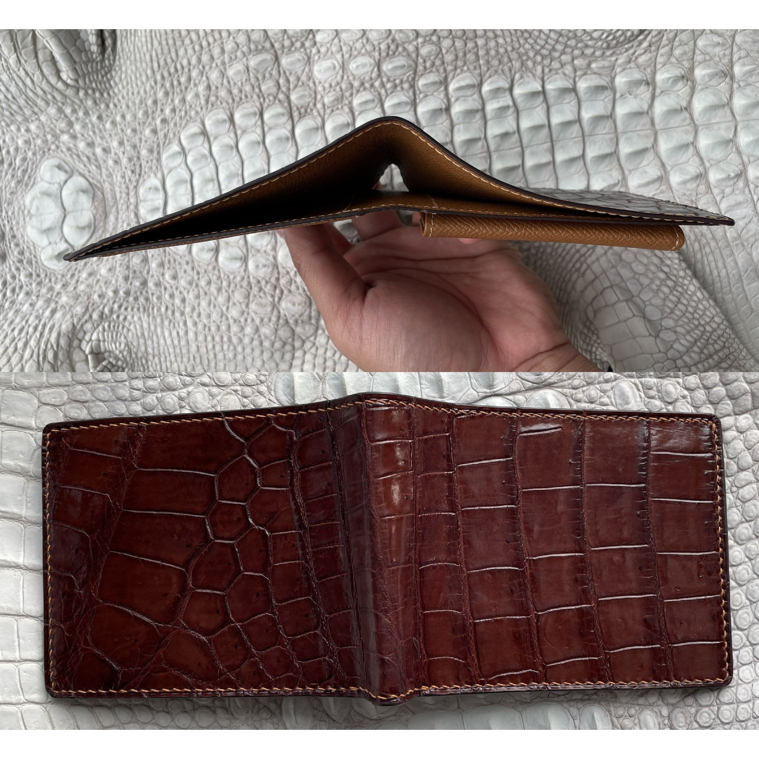 Hand Stitching Brown Alligator Bifold Wallet with Coin Pocket | Slim Leather Wallet RFID Blocking | VINAM-93 - Vinacreations