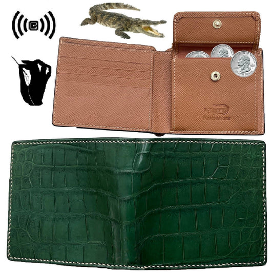 Hand Stitching Green Alligator Bifold Wallet with Coin Pocket | Slim Leather Wallet RFID Blocking | VINAM-91 - Vinacreations