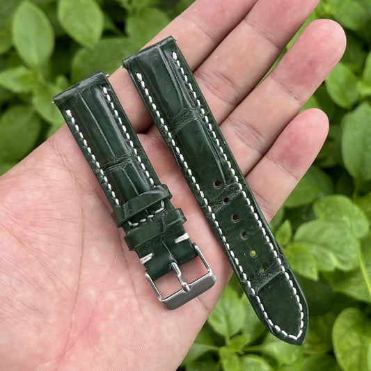 Hand Stitching Green Alligator Leather Watch Band For Men | Handcraft Crocodile Quick Release Replacement Wristwatch Strap | DH-158 - Vinacreations