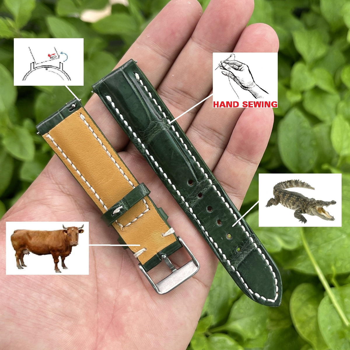 Hand Stitching Green Alligator Leather Watch Band For Men | Handcraft Crocodile Quick Release Replacement Wristwatch Strap | DH-158 - Vinacreations