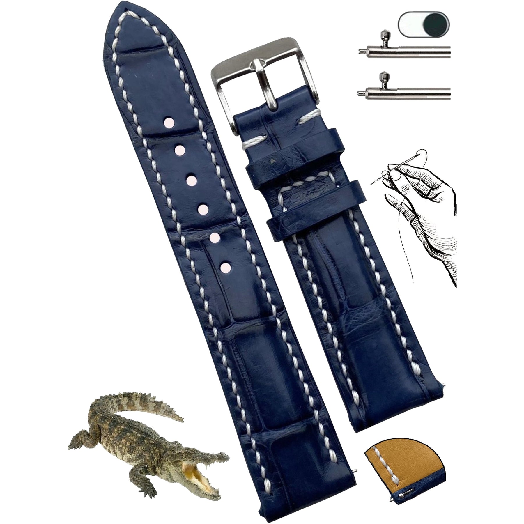 Hand Stitching Navy Blue Alligator Leather Watch Band For Men | Handmade Crocodile Quick Release Replacement Wristwatch Strap | DH-156 - Vinacreations