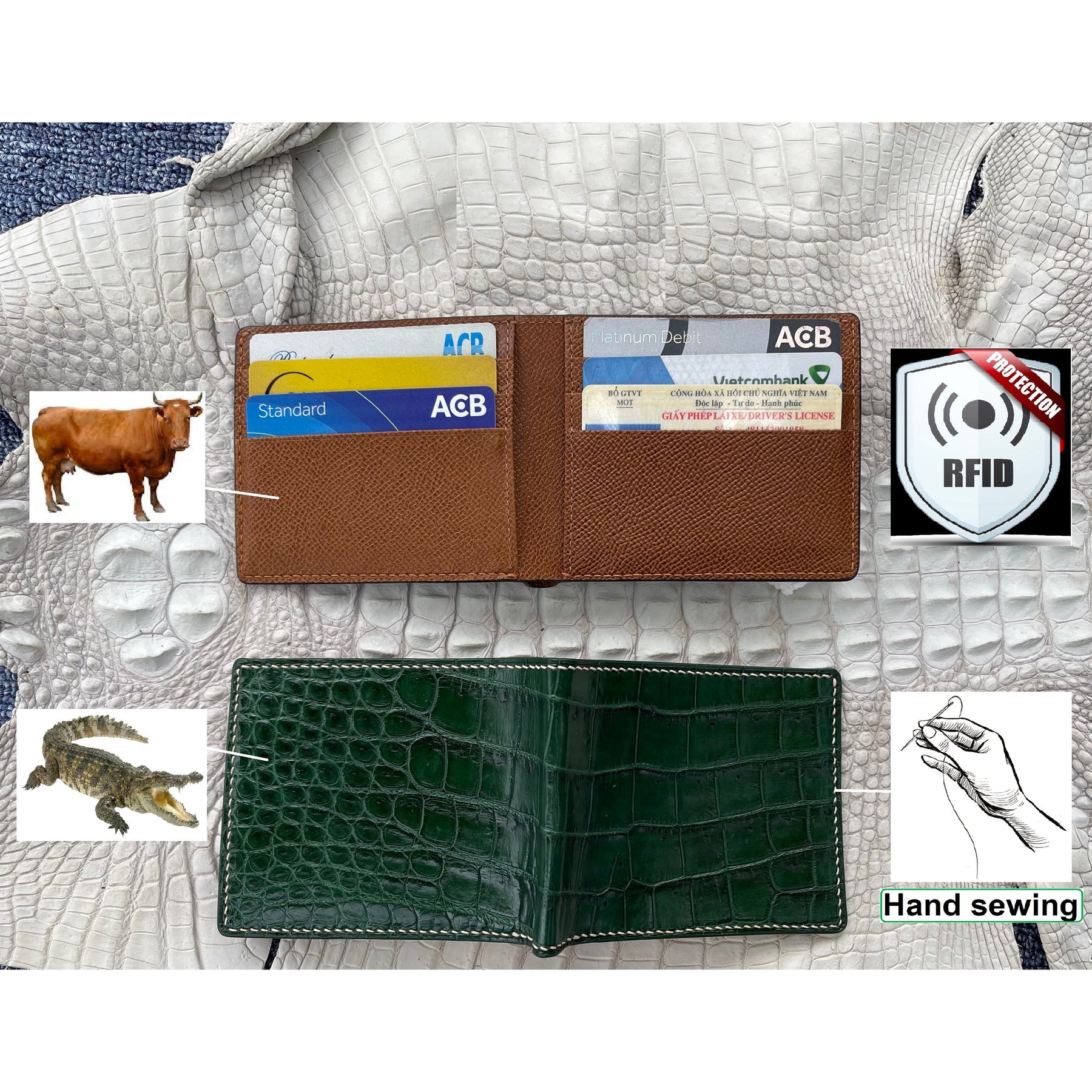 Hand Stitching Slim Green Alligator Bifold Wallet RFID Blocking | VINAM-87 - Vinacreations