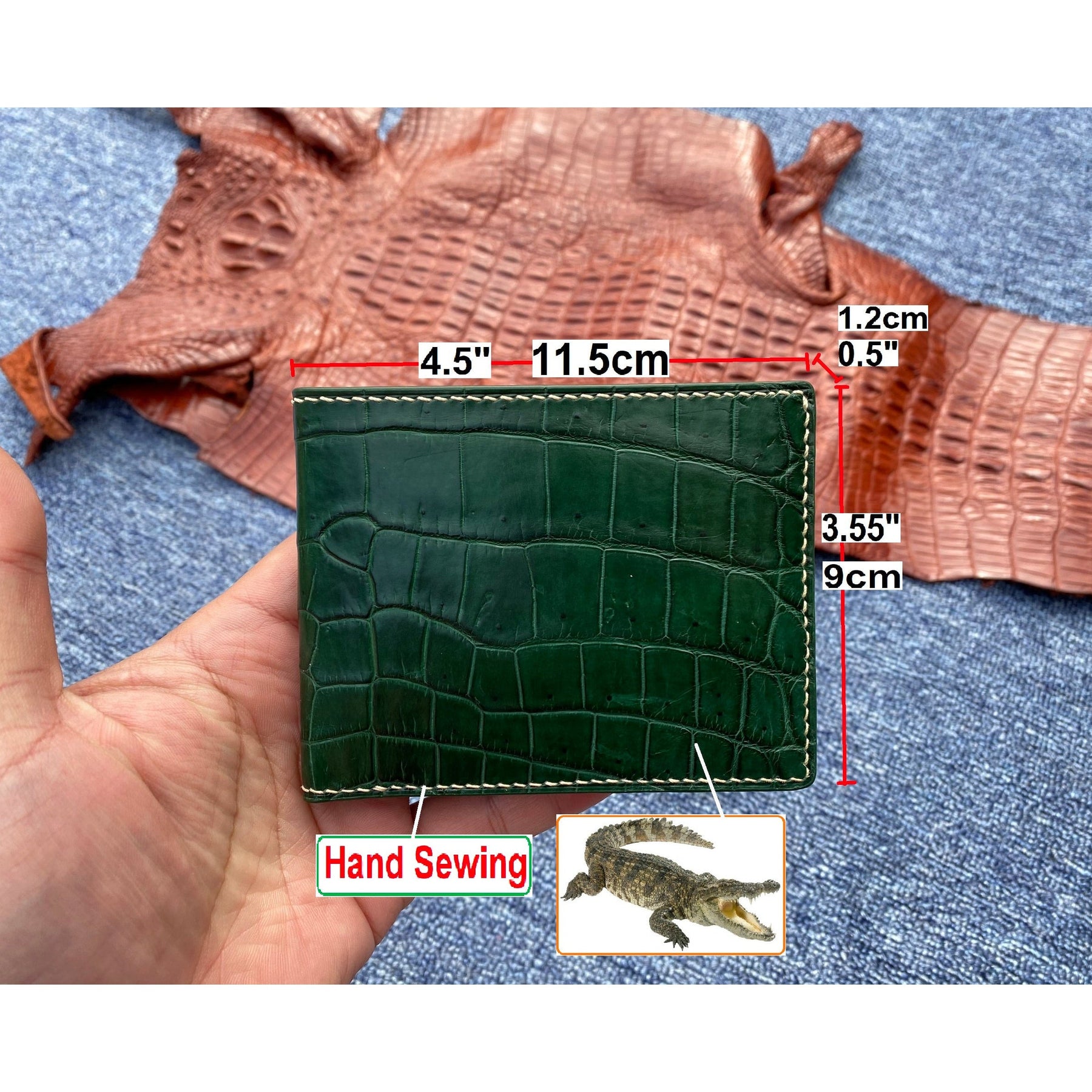 Hand Stitching Slim Green Alligator Bifold Wallet RFID Blocking | VINAM-87 - Vinacreations
