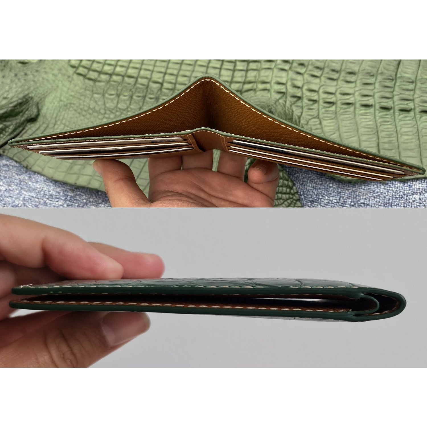 Hand Stitching Slim Green Alligator Bifold Wallet RFID Blocking | VINAM-87 - Vinacreations