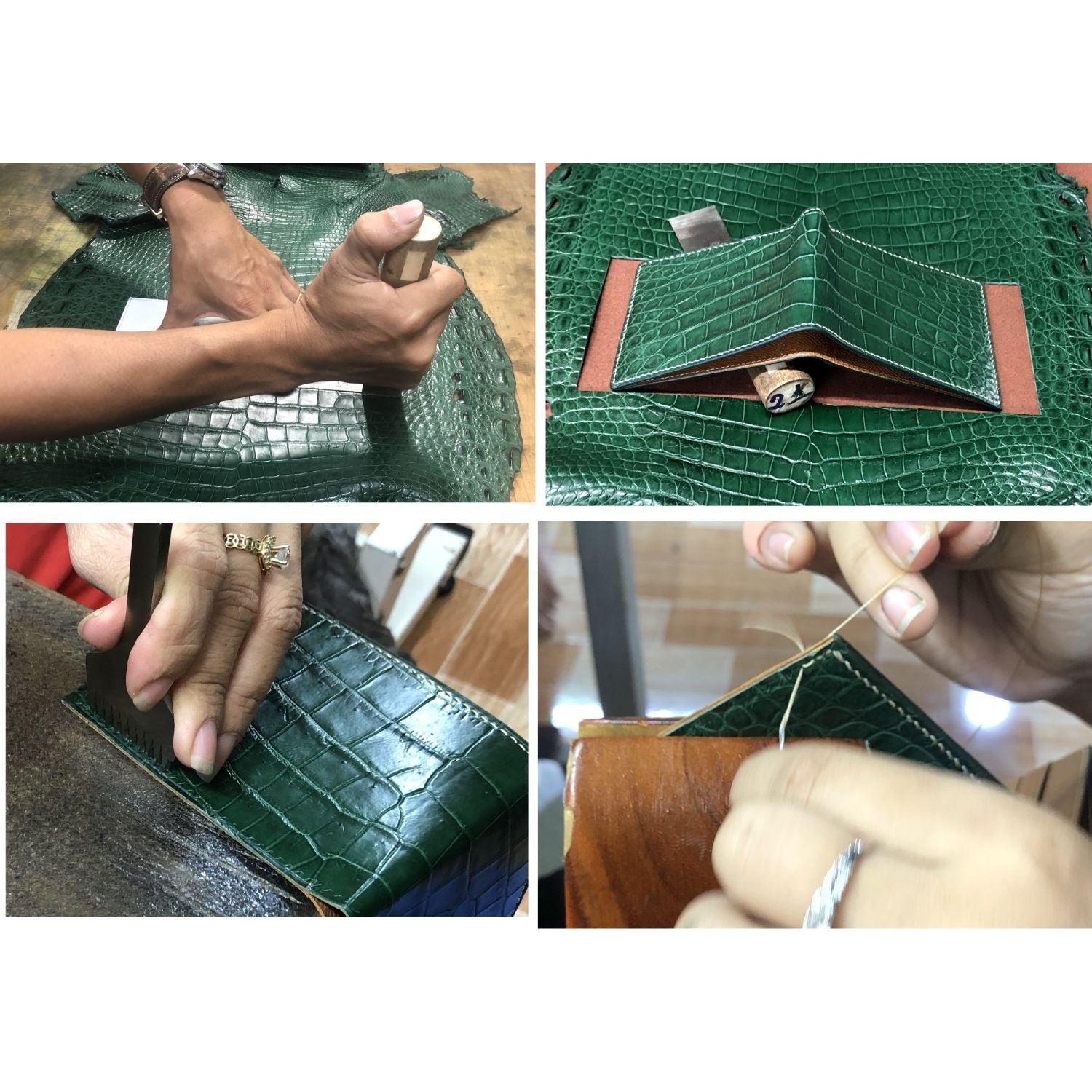 Hand Stitching Slim Green Alligator Bifold Wallet RFID Blocking | VINAM-87 - Vinacreations