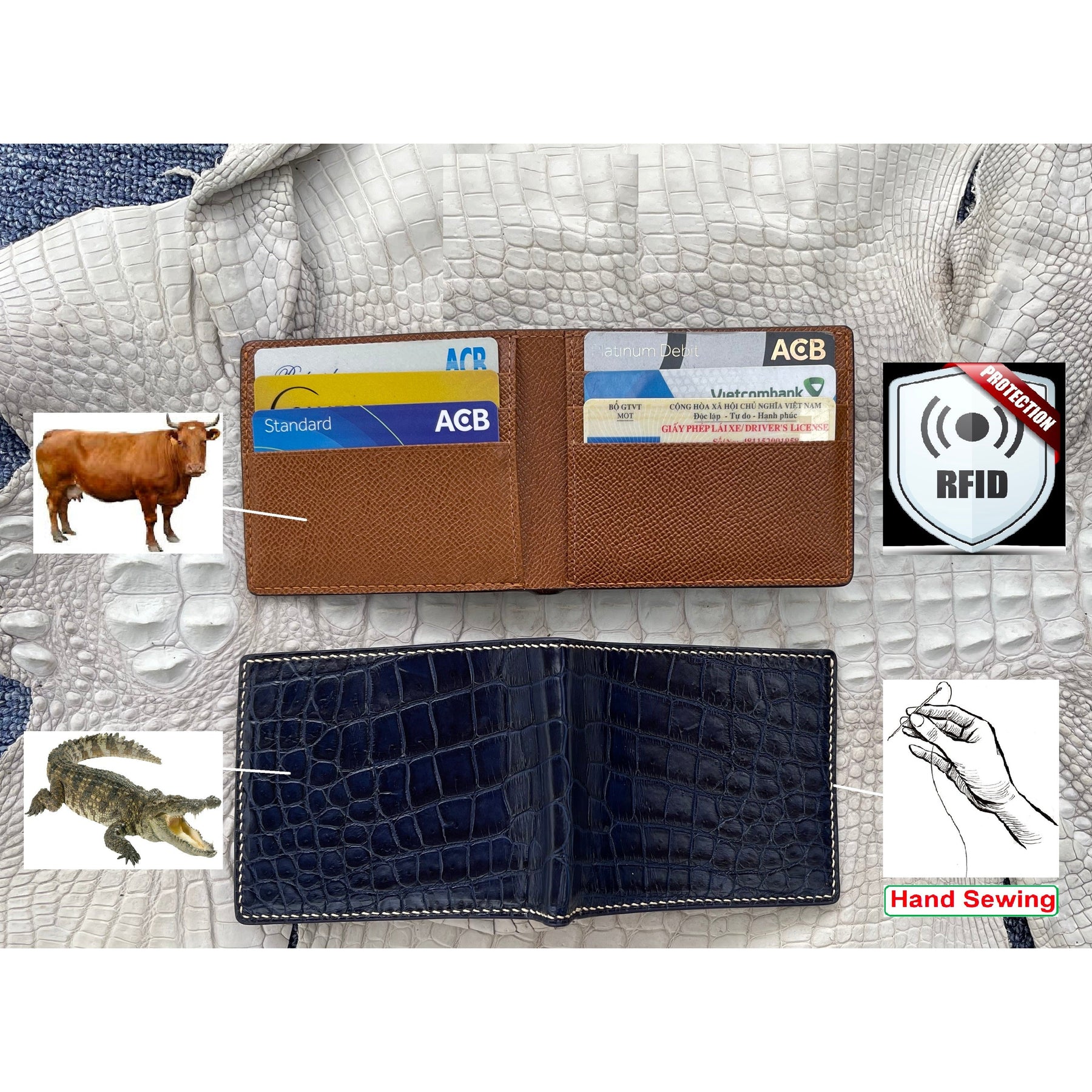 Handmade Navy Blue Alligator Bifold Wallet RFID Blocking Hand Stitching | VINAM-88 - Vinacreations