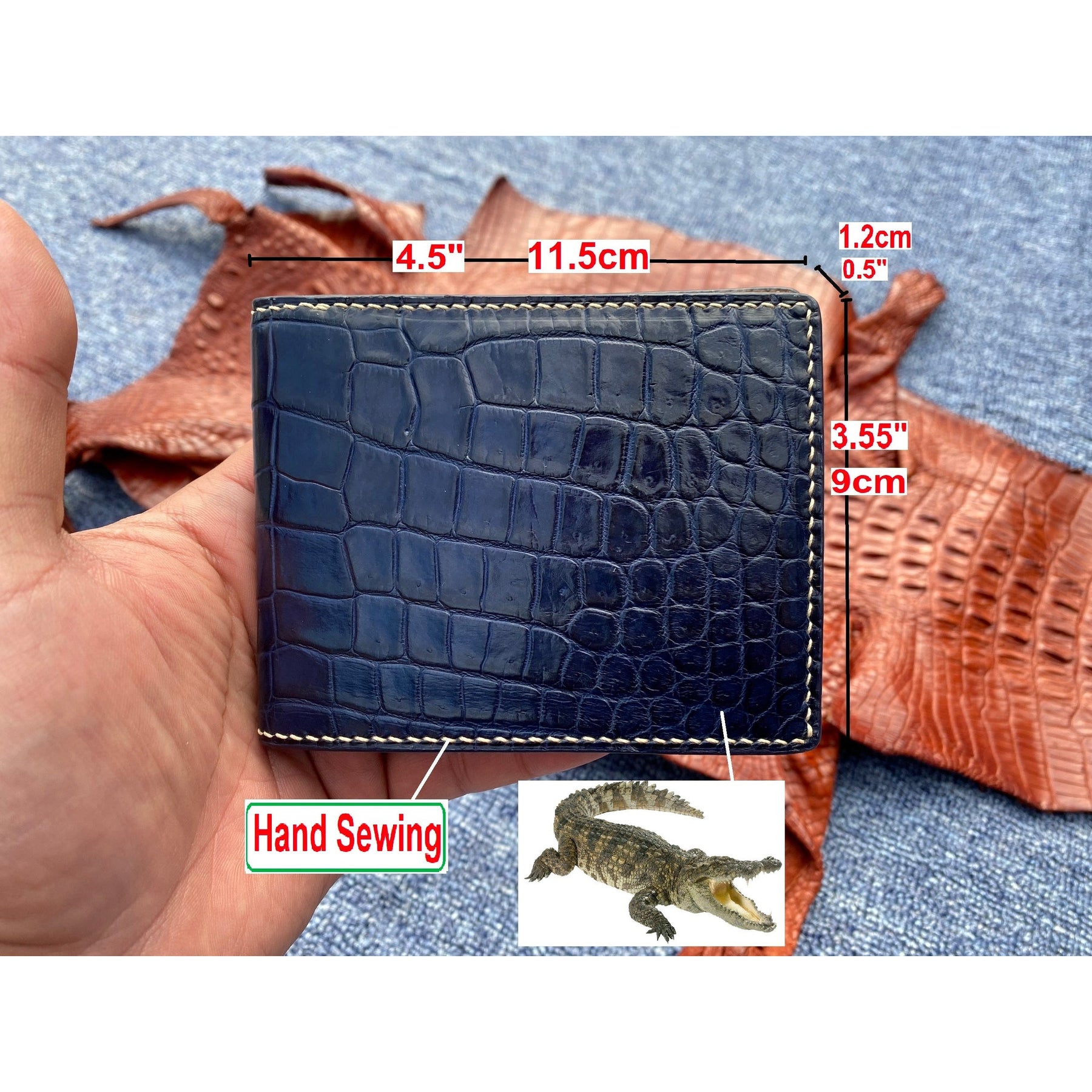Handmade Navy Blue Alligator Bifold Wallet RFID Blocking Hand Stitching | VINAM-88 - Vinacreations