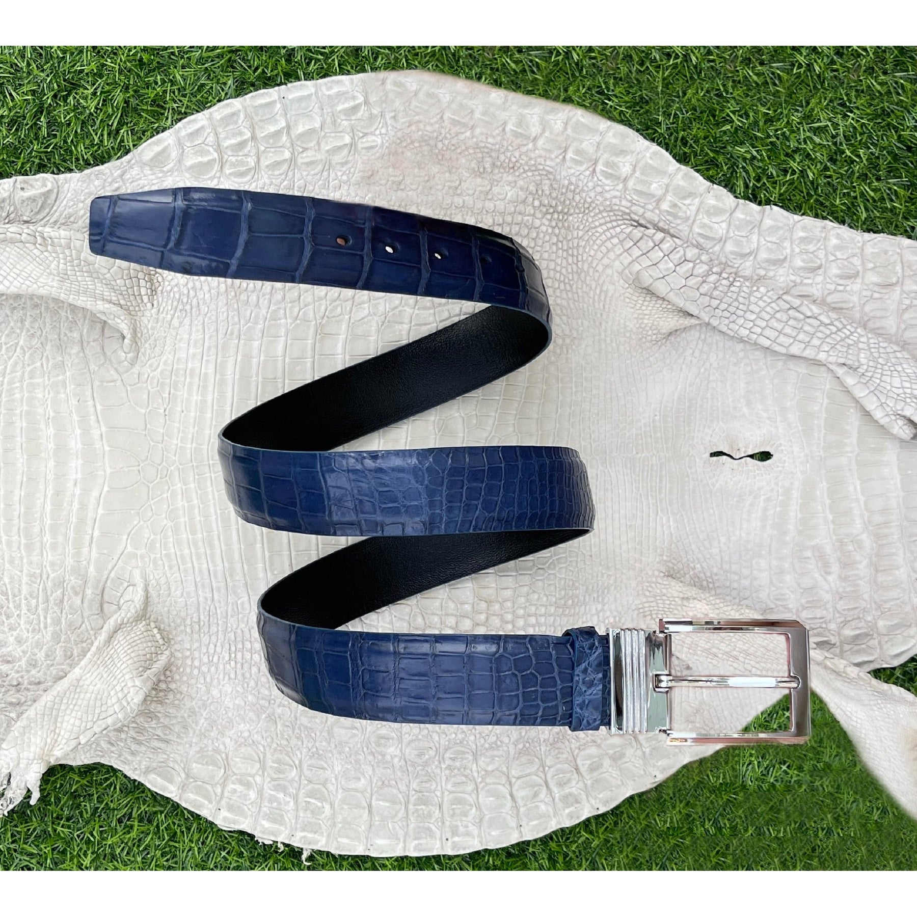High-end Blue Alligator Belt Men's - Crocodile Skin Belly Belt 1.5" - Pin Buckle - BE-NAVY-04-PIN - Vinacreations